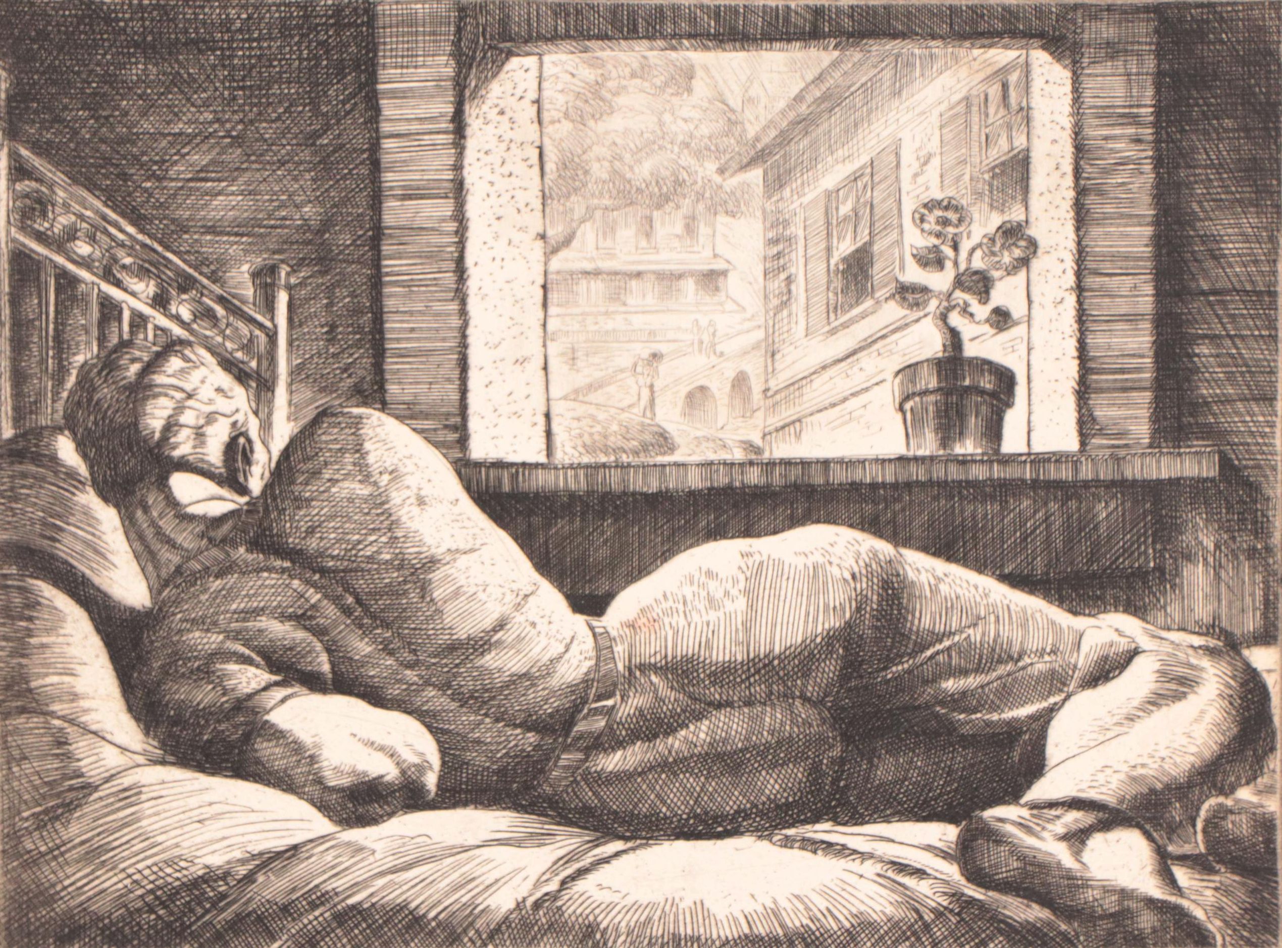 Dan Burne Jones Etching of Reclining Figure "The Outward Room"
