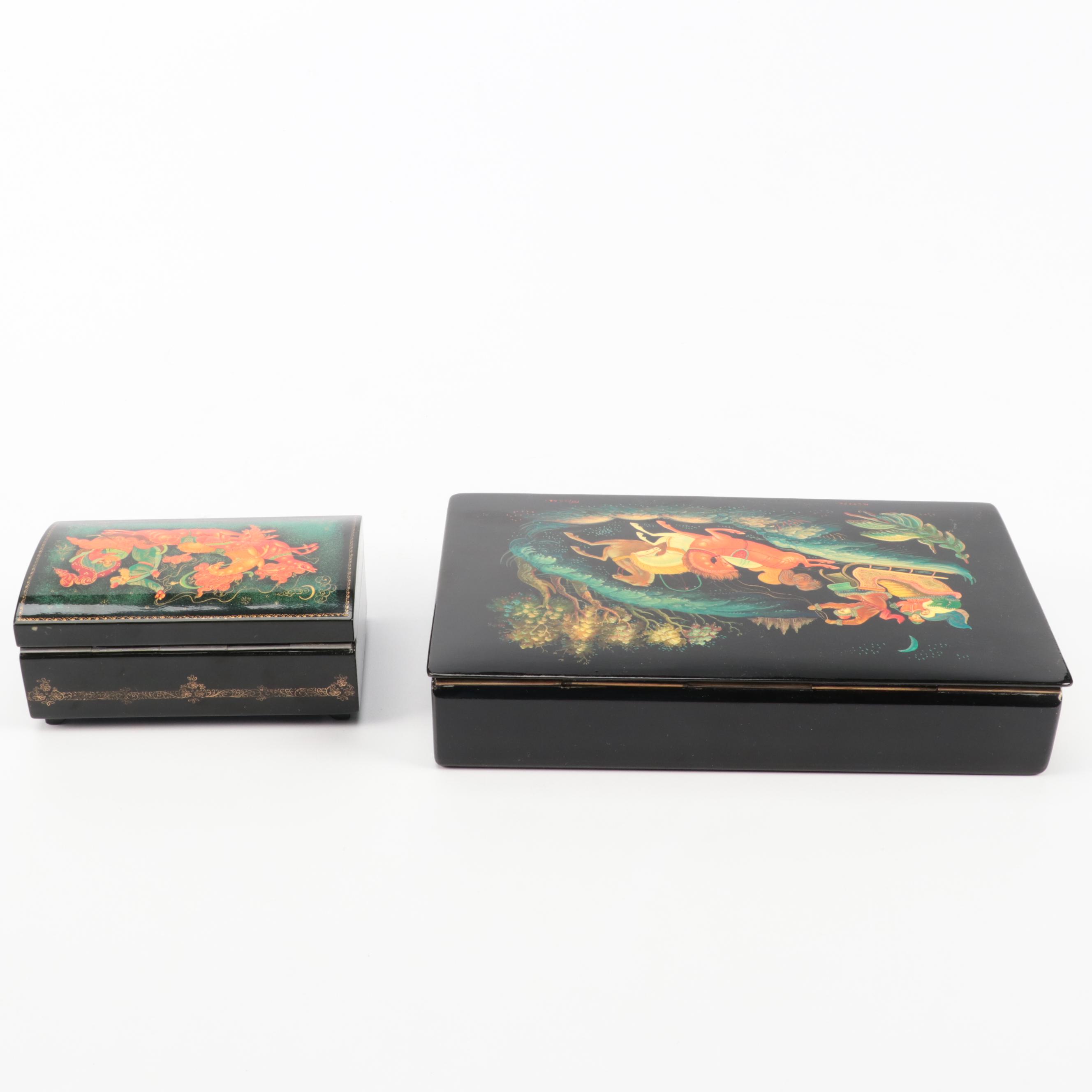 Mstyora and Palekh Russian "Troika" Hand-Painted Lacquerware Boxes