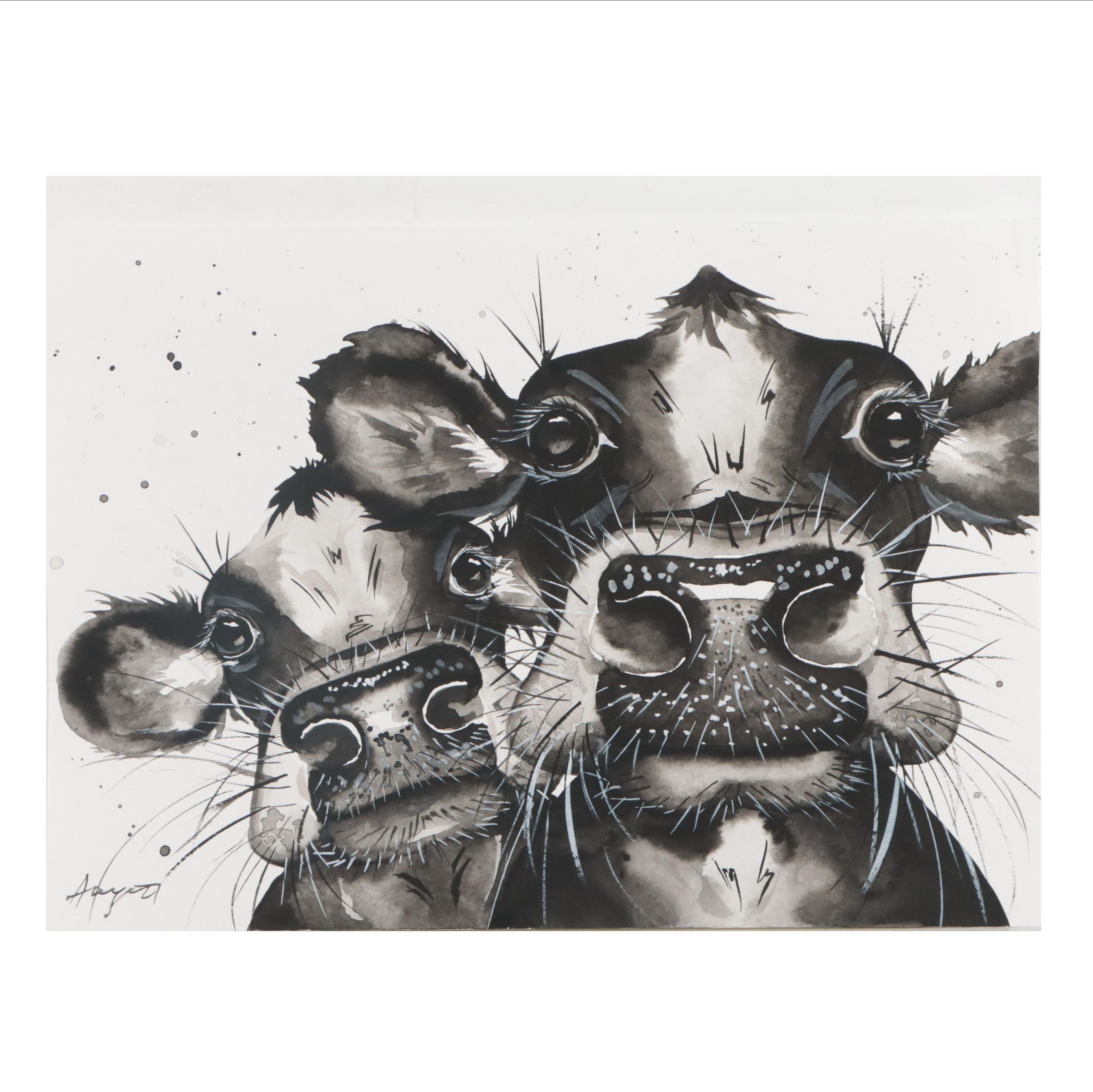 Anne Gorywine Watercolor Painting of Cows, 2019