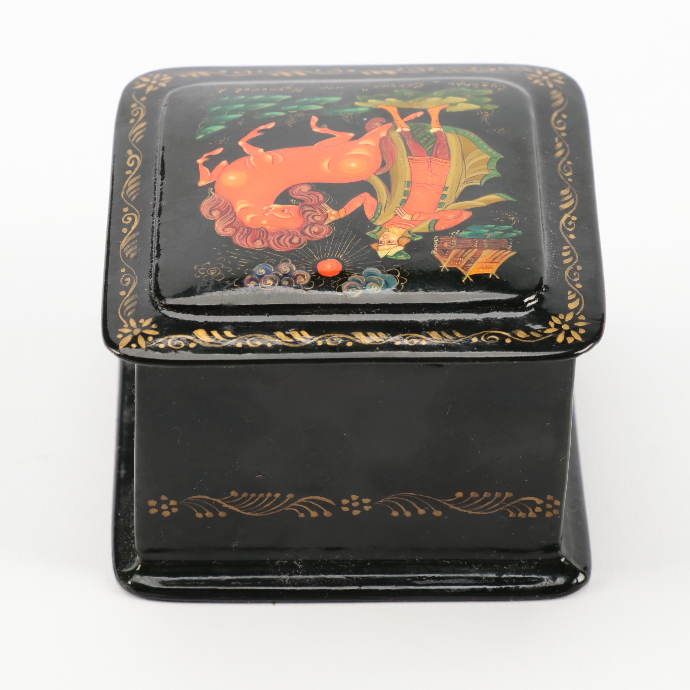 Russian Bouquet Hand-Painted Lacquerware Brooches and Fairy Tale Box