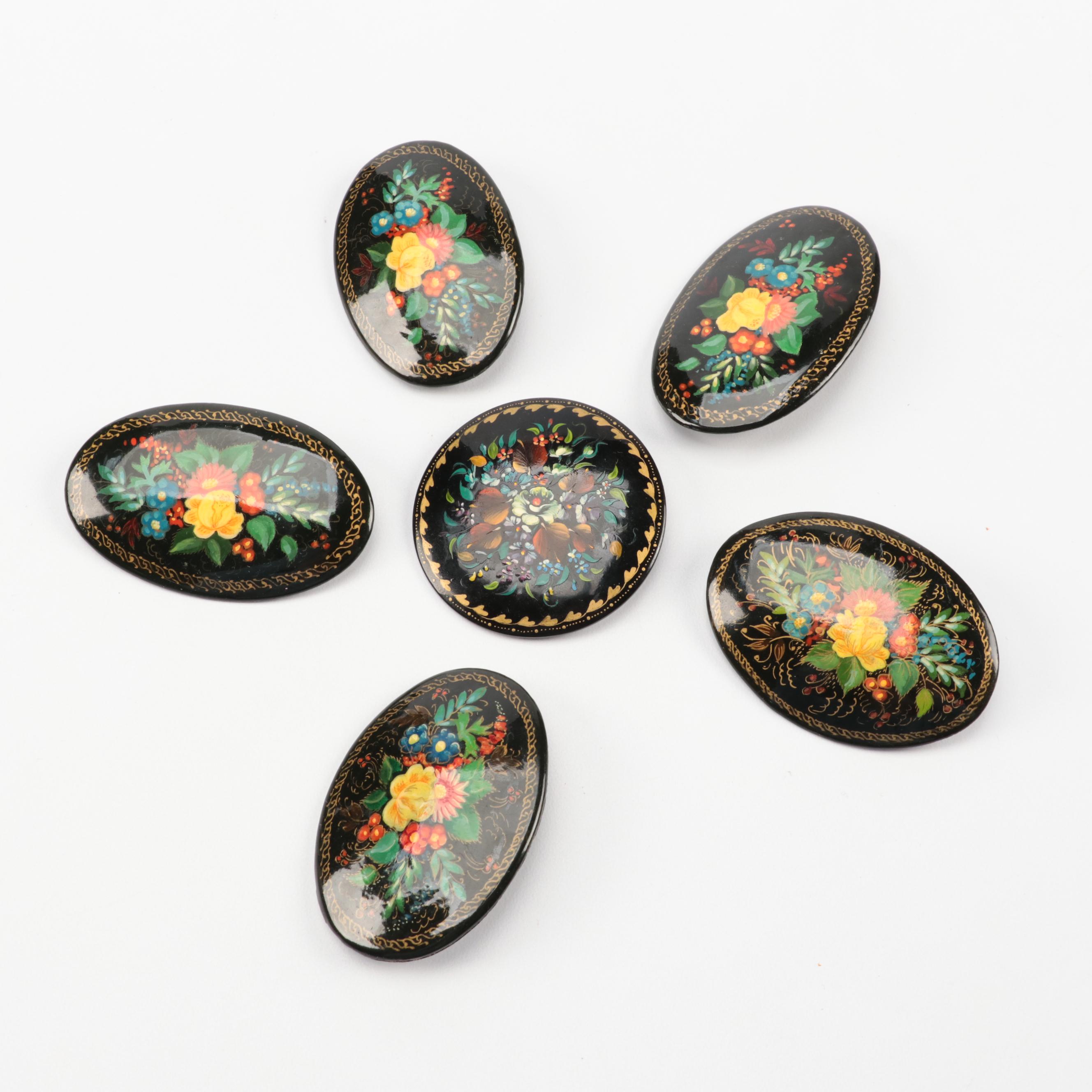 Russian Bouquet Hand-Painted Lacquerware Brooches and Fairy Tale Box