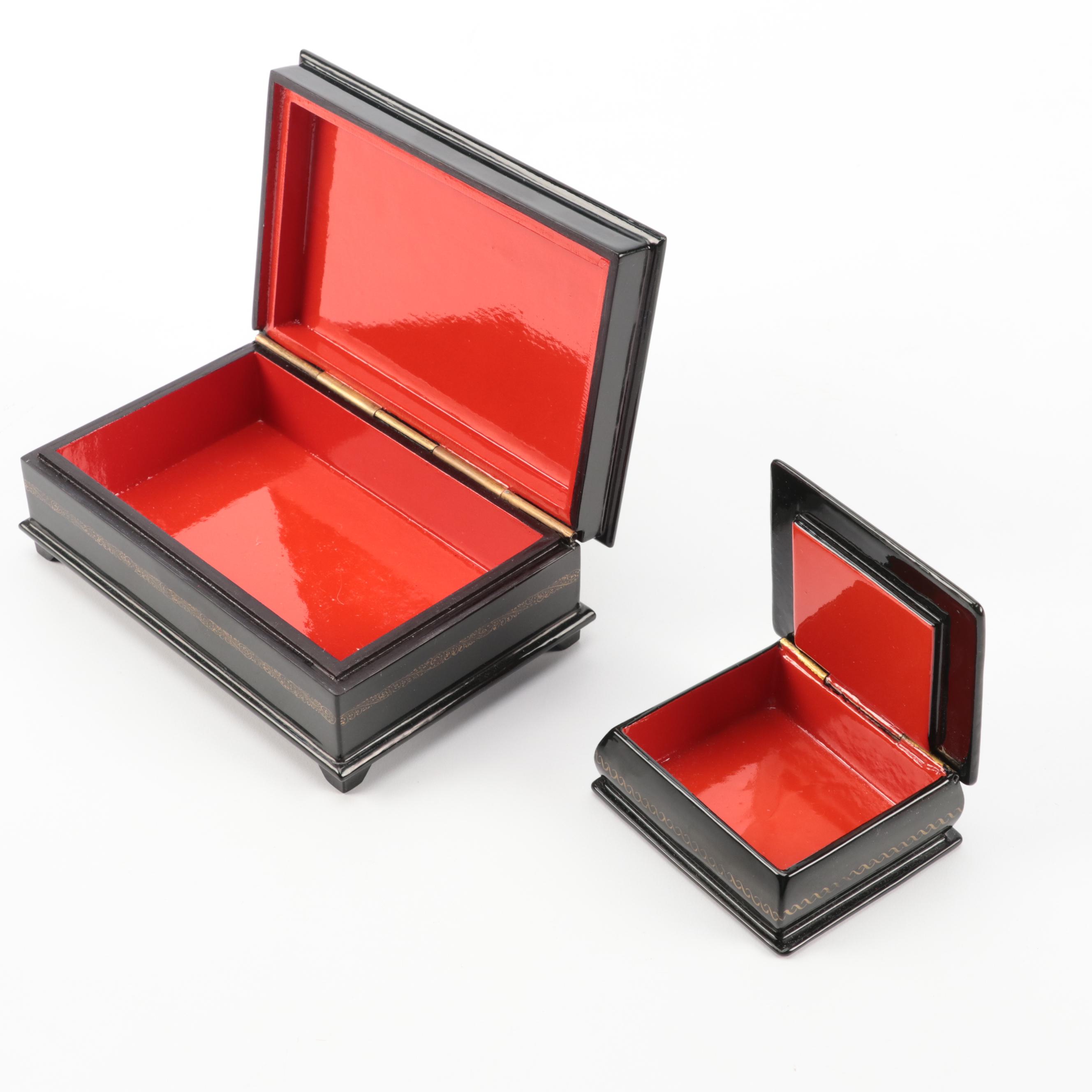 Russian Troika and Floral Lacquerware Boxes and Brooches