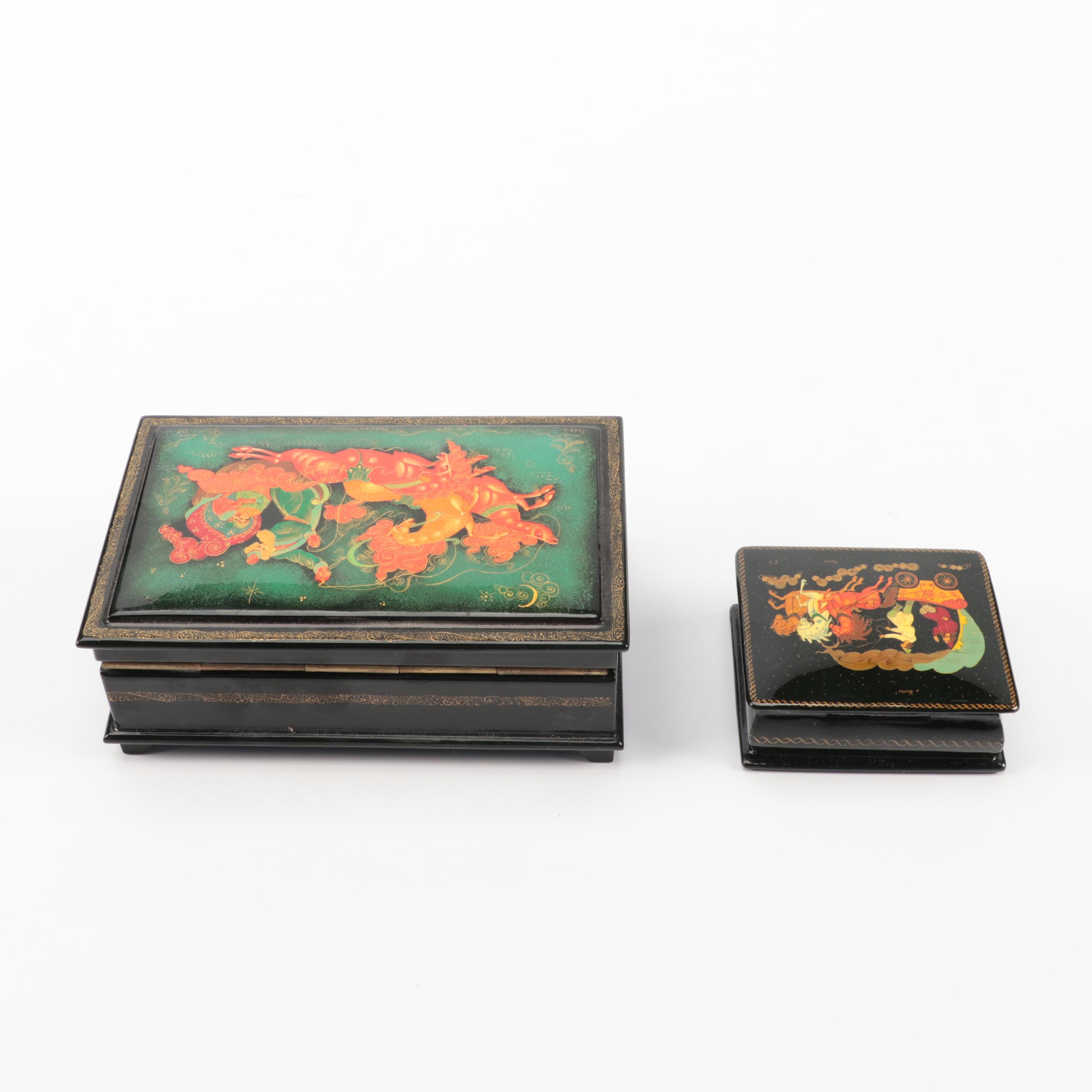 Russian Troika and Floral Lacquerware Boxes and Brooches