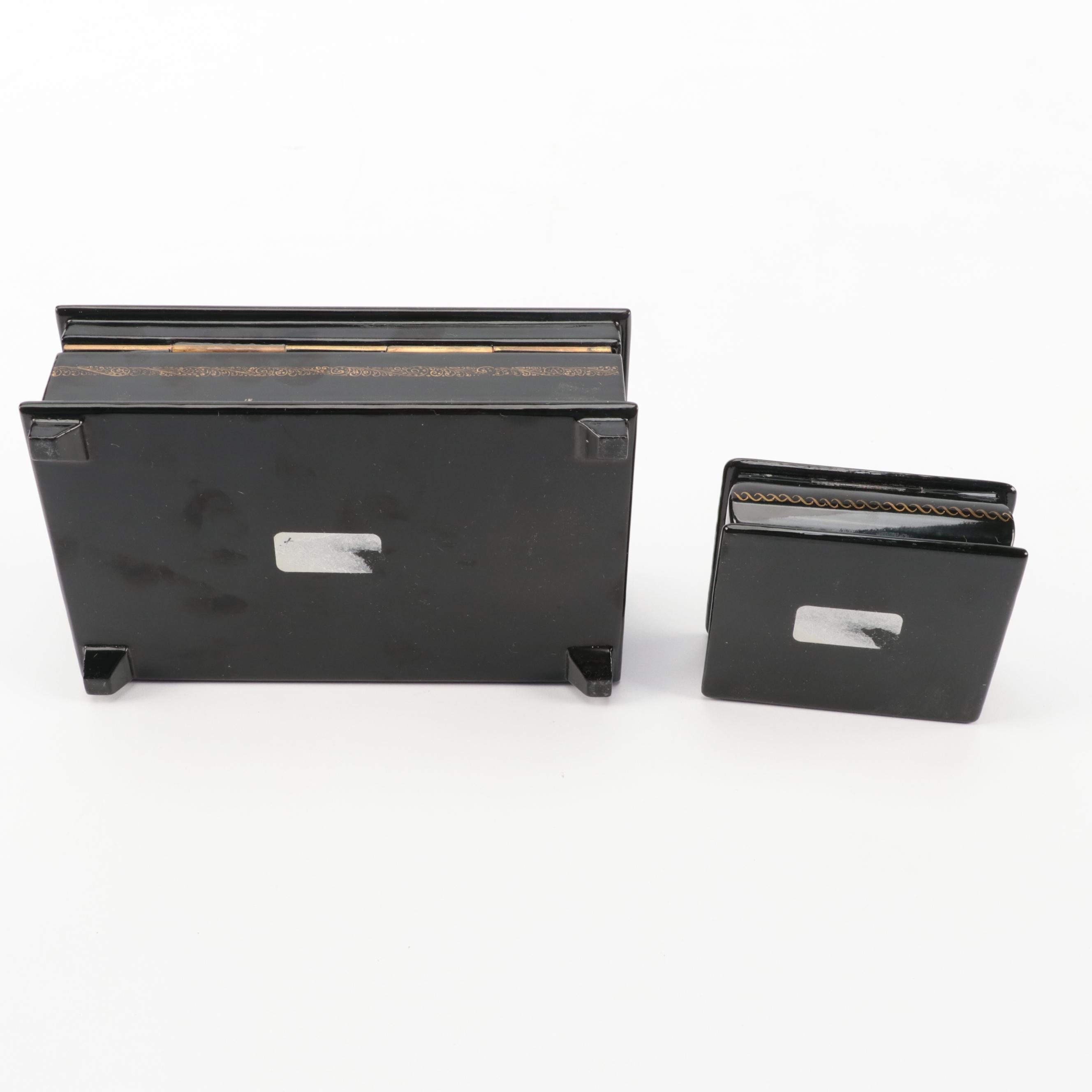 Russian Troika and Floral Lacquerware Boxes and Brooches