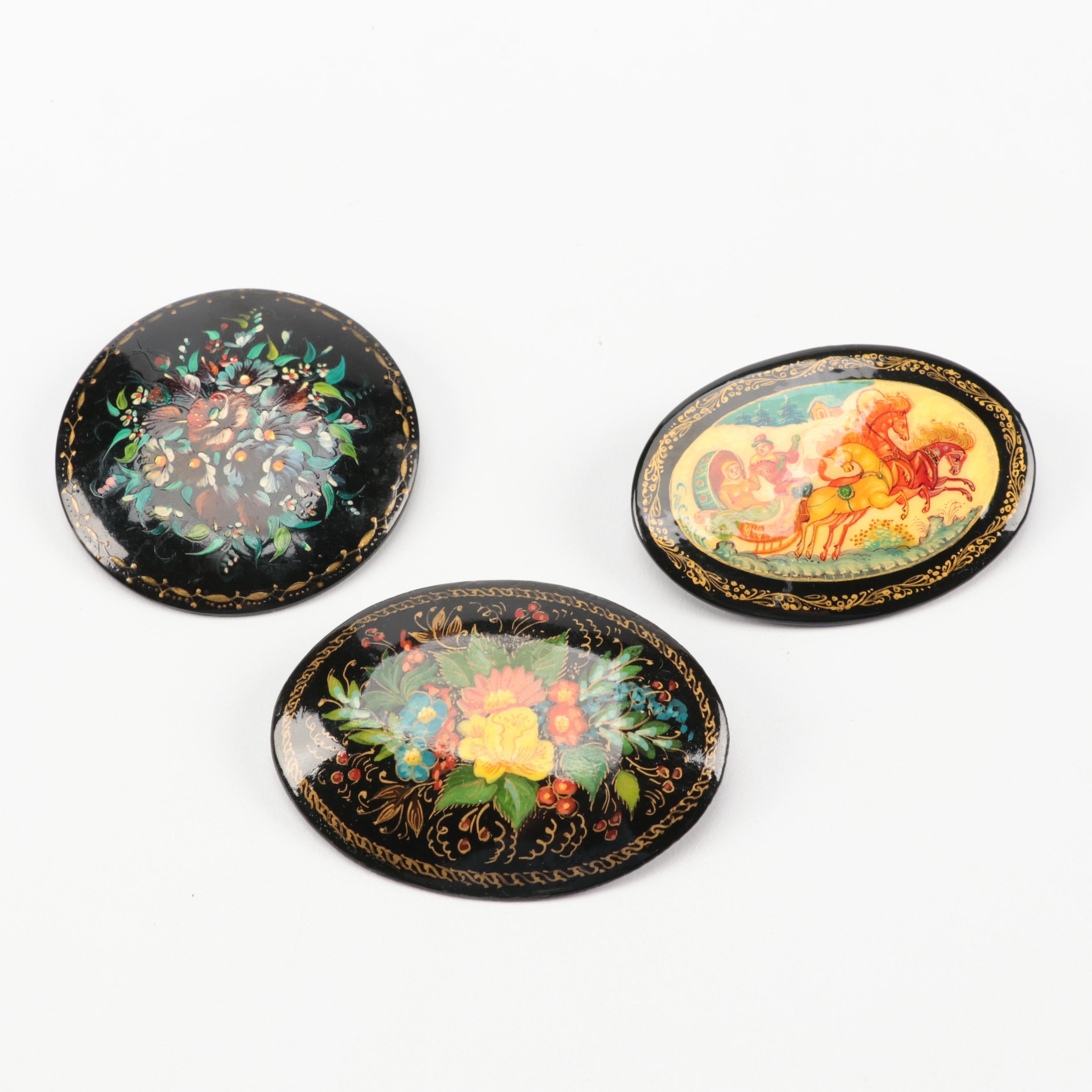 Russian Troika and Floral Lacquerware Boxes and Brooches