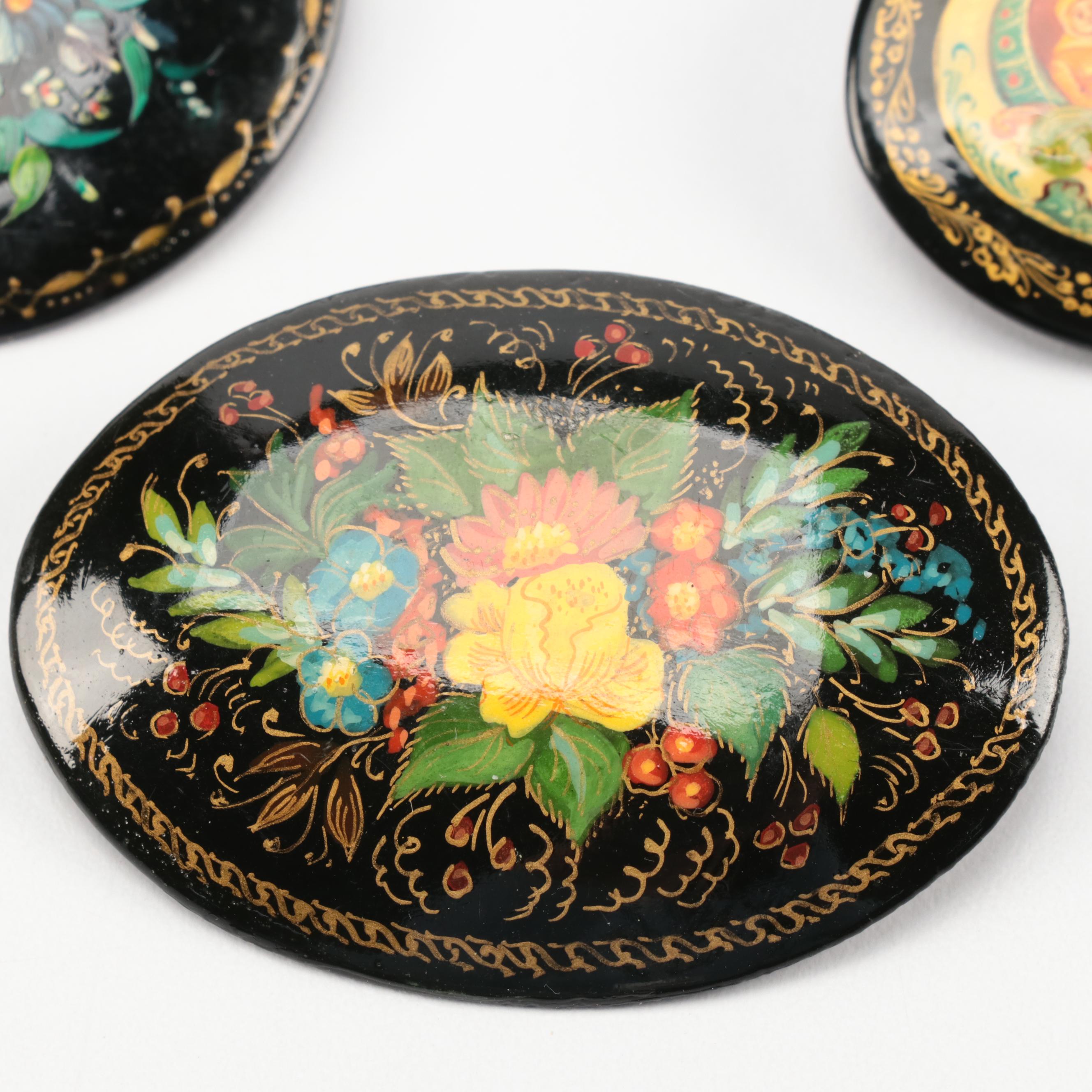 Russian Troika and Floral Lacquerware Boxes and Brooches