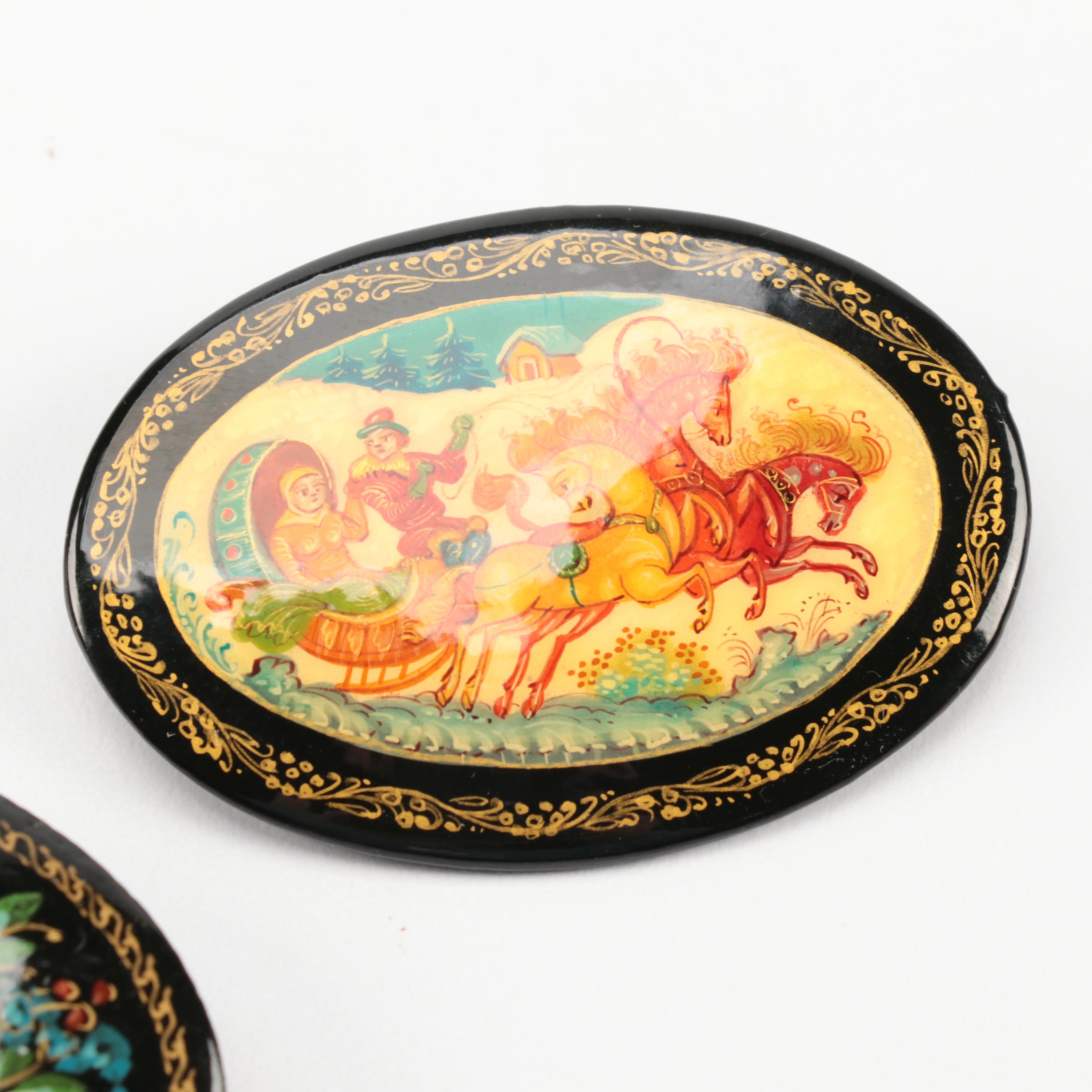 Russian Troika and Floral Lacquerware Boxes and Brooches