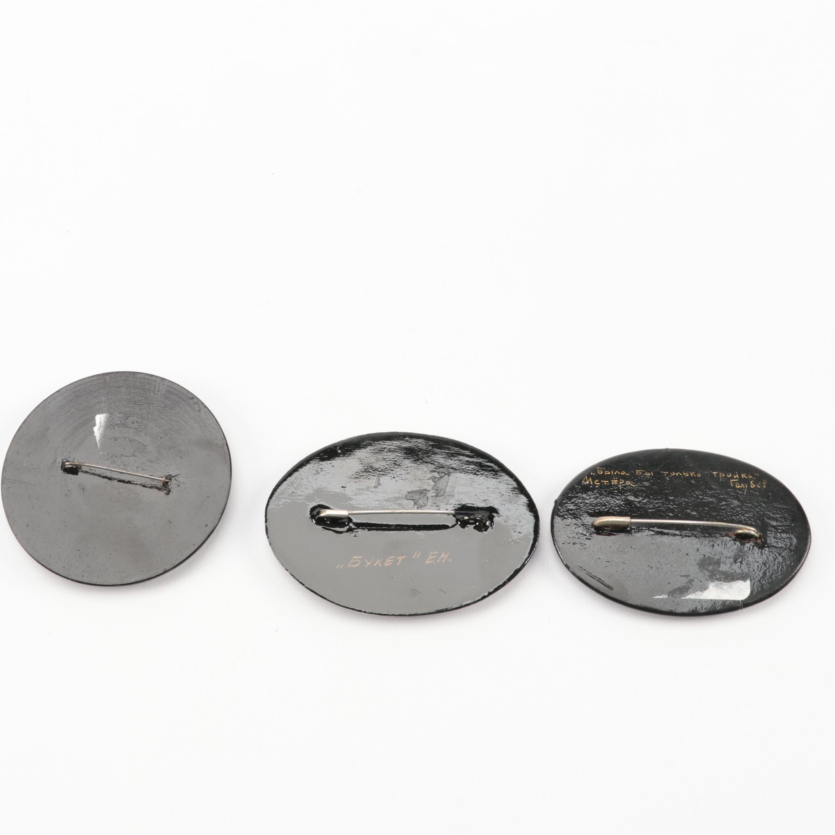 Russian Troika and Floral Lacquerware Boxes and Brooches