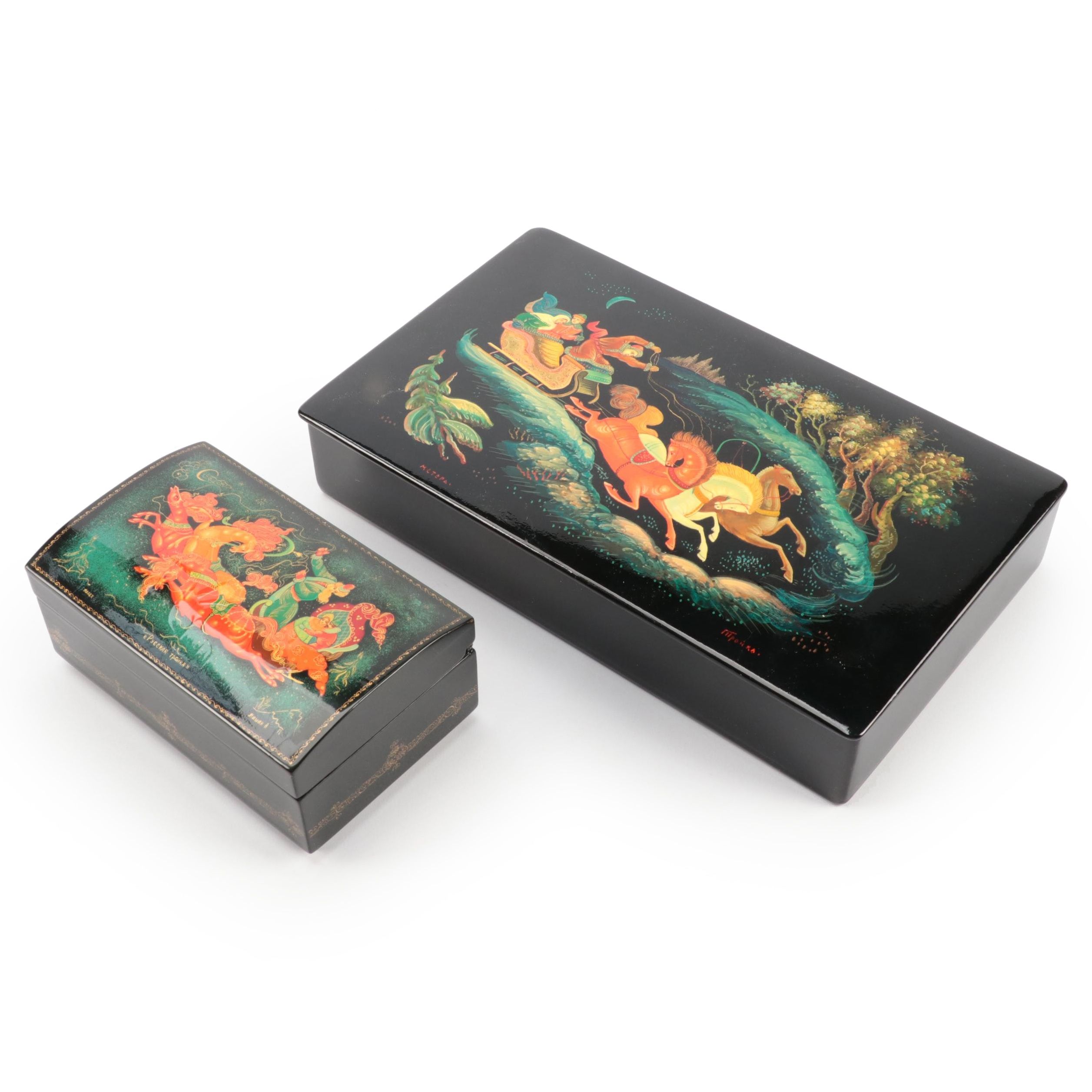 Mstyora and Palekh Russian "Troika" Hand-Painted Lacquerware Boxes