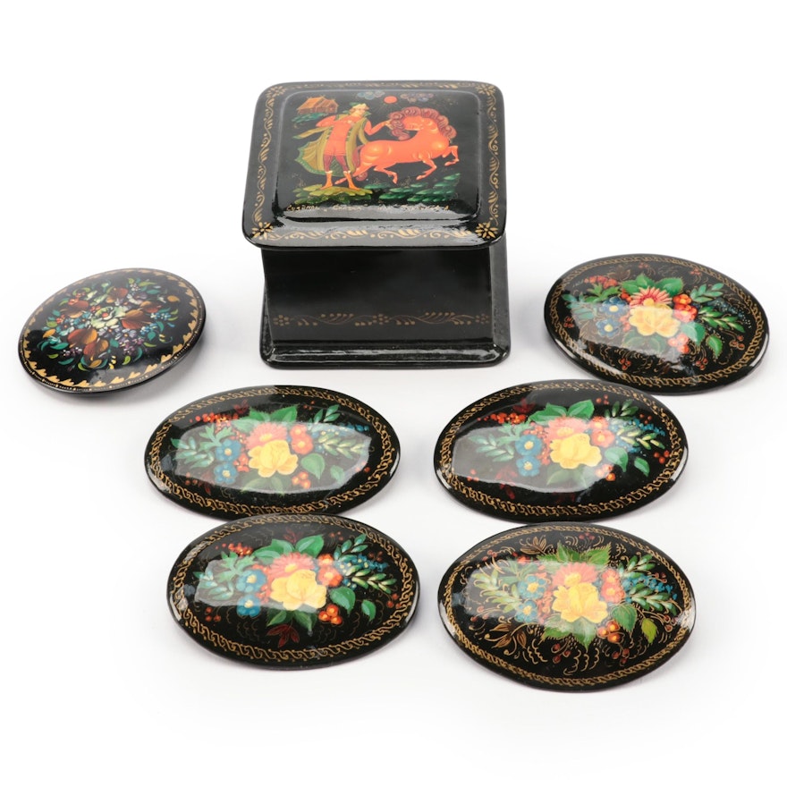 Russian Bouquet Hand-Painted Lacquerware Brooches and Fairy Tale Box