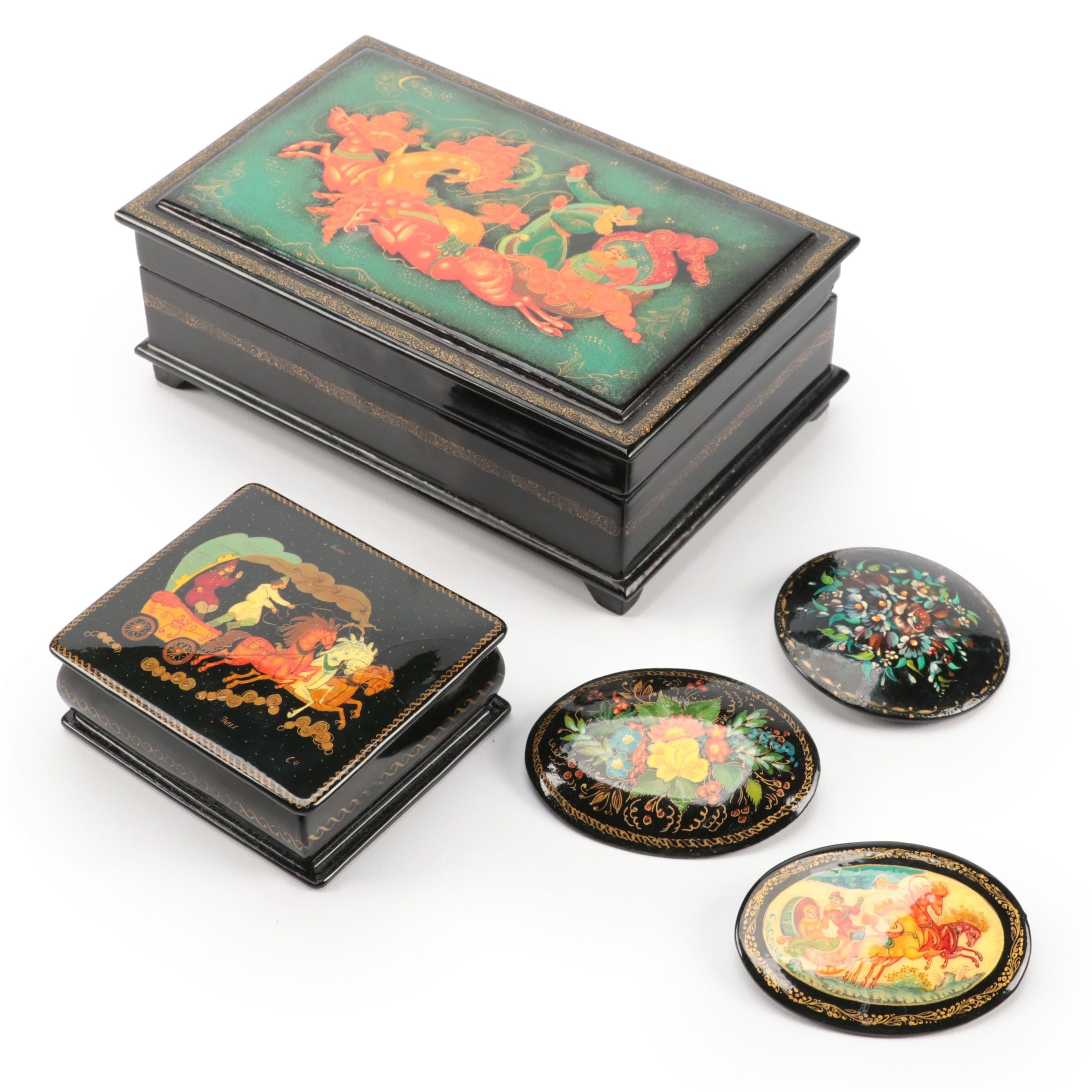 Russian Troika and Floral Lacquerware Boxes and Brooches