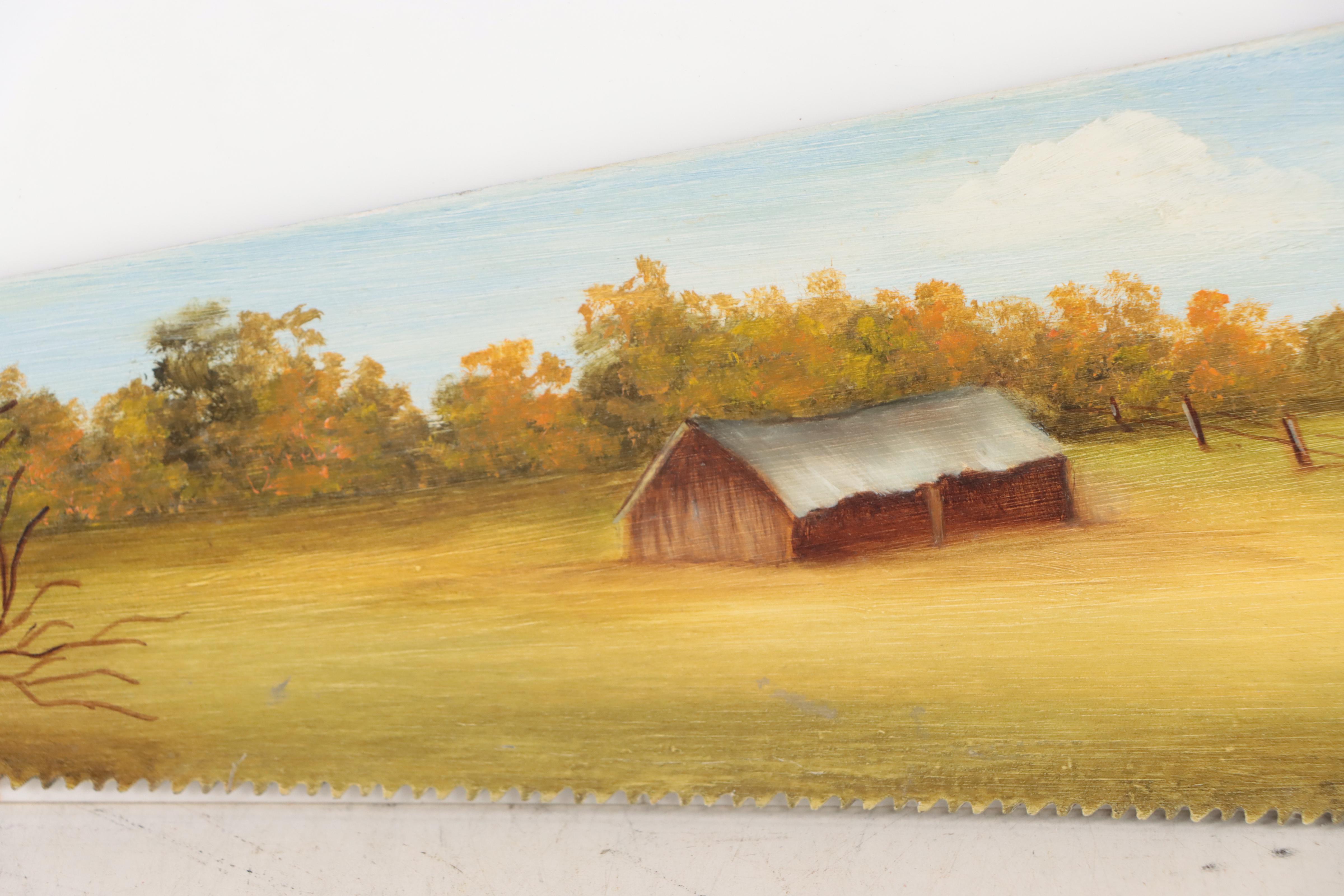 Folk Art Farm Scene Oil Paintings on Saw Blades