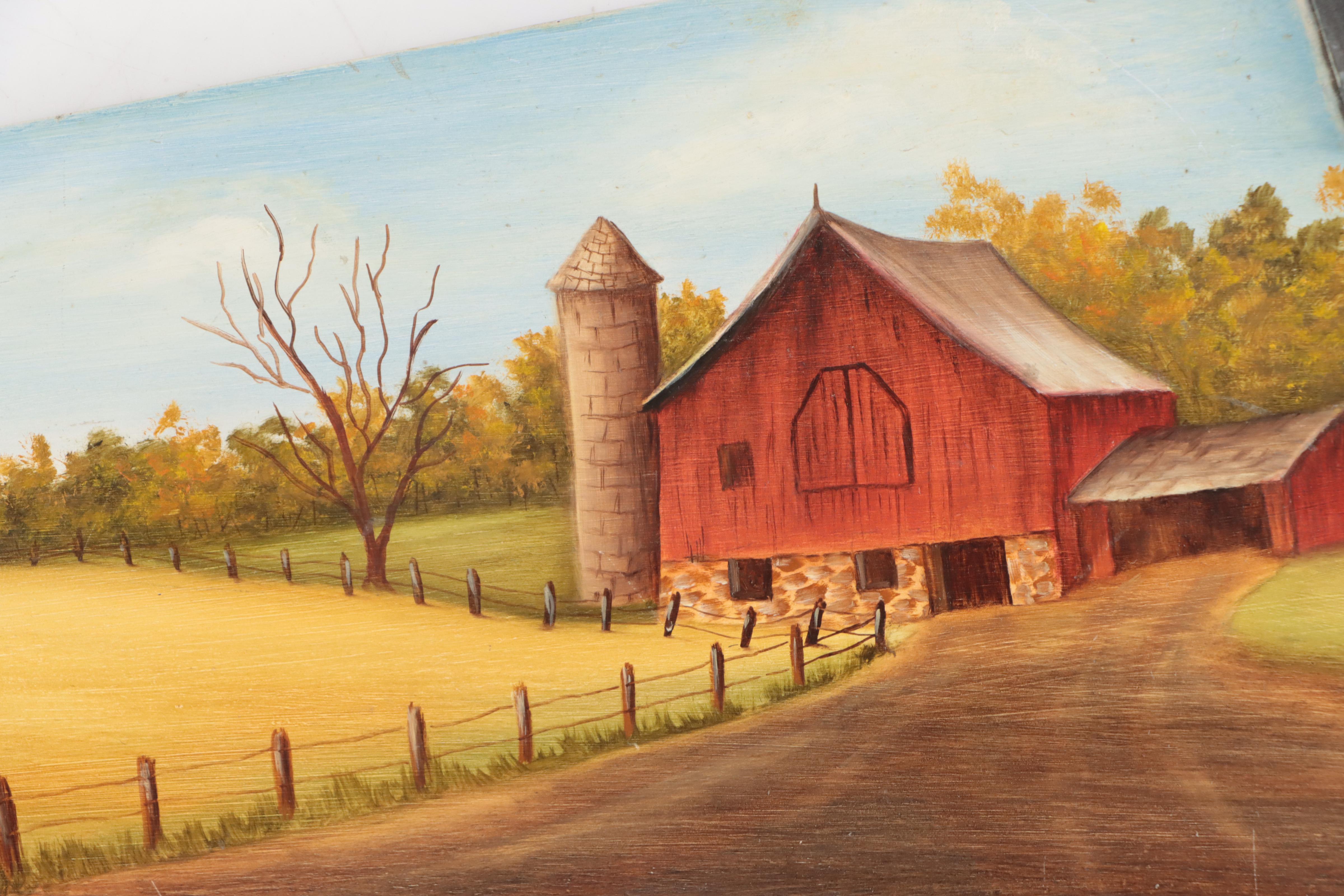 Folk Art Farm Scene Oil Paintings on Saw Blades