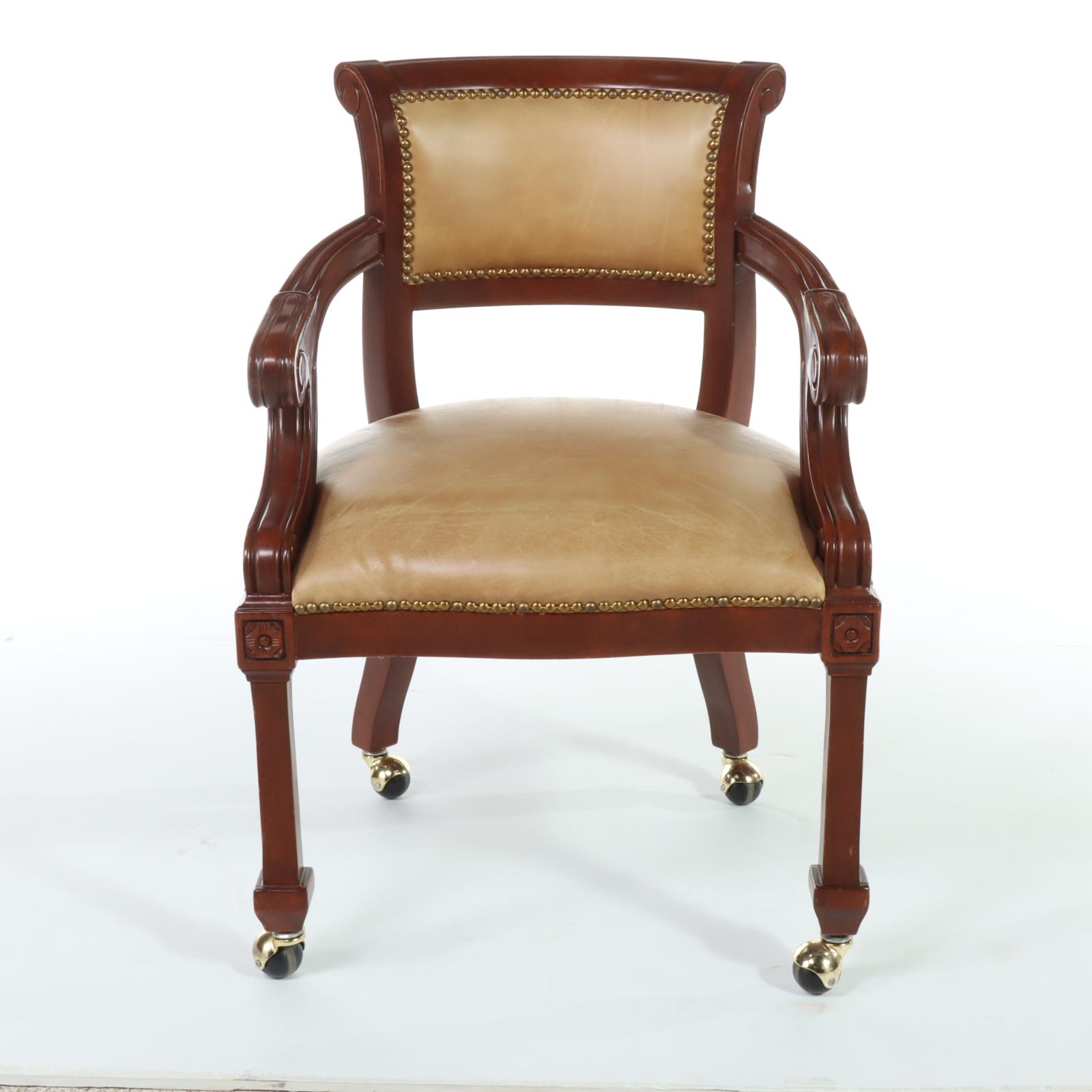 Contemporary Italian Walnut-Stained and Brass-Tacked Leather Rolling Armchair