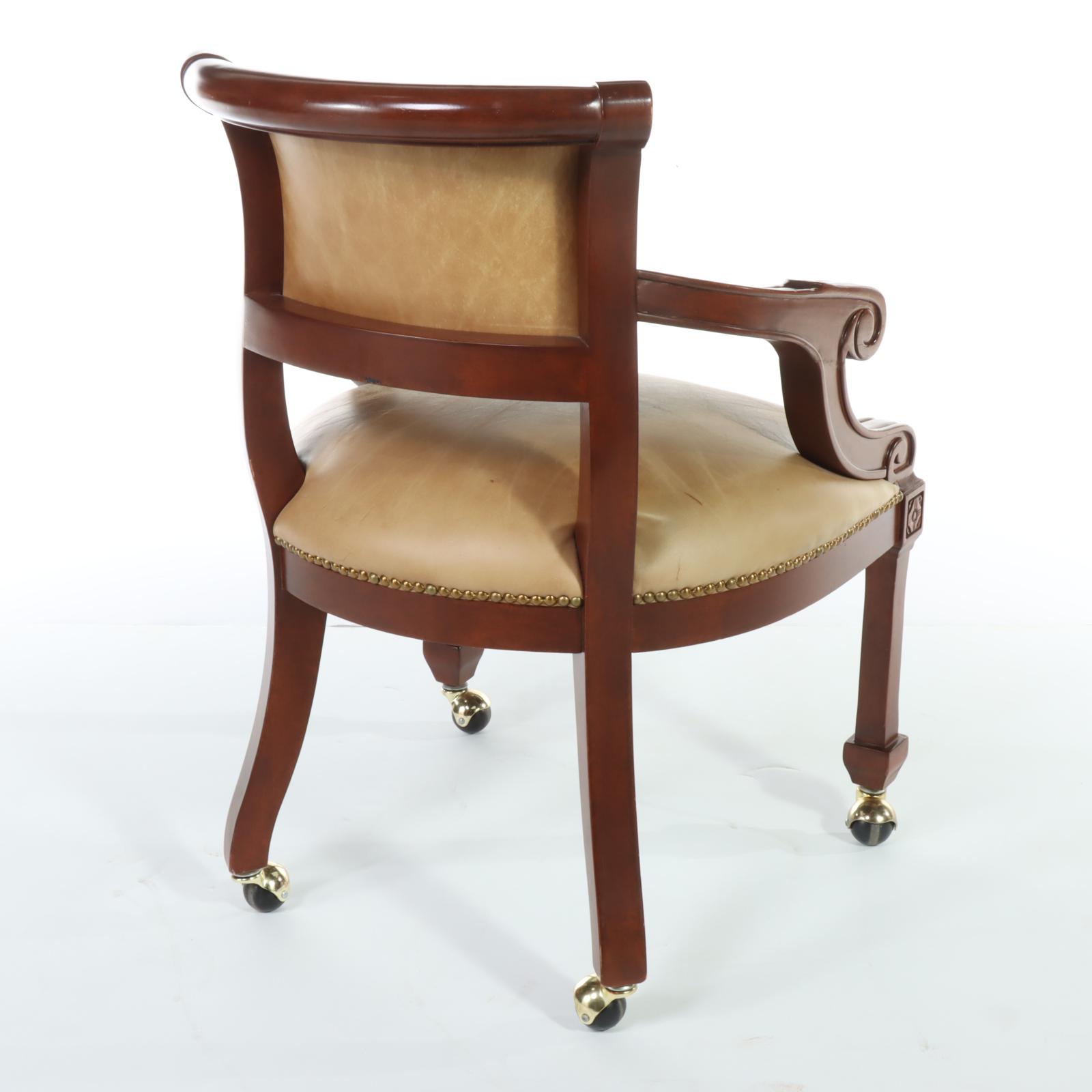 Contemporary Italian Walnut-Stained and Brass-Tacked Leather Rolling Armchair