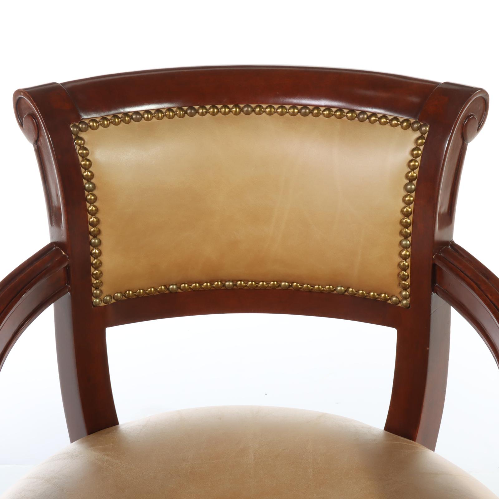 Contemporary Italian Walnut-Stained and Brass-Tacked Leather Rolling Armchair