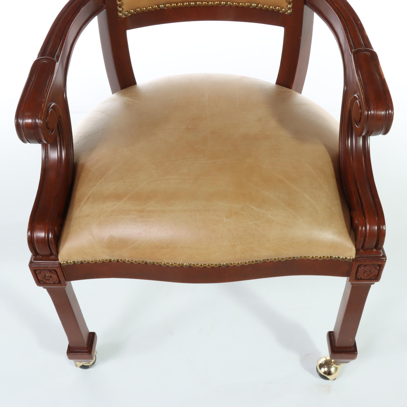 Contemporary Italian Walnut-Stained and Brass-Tacked Leather Rolling Armchair