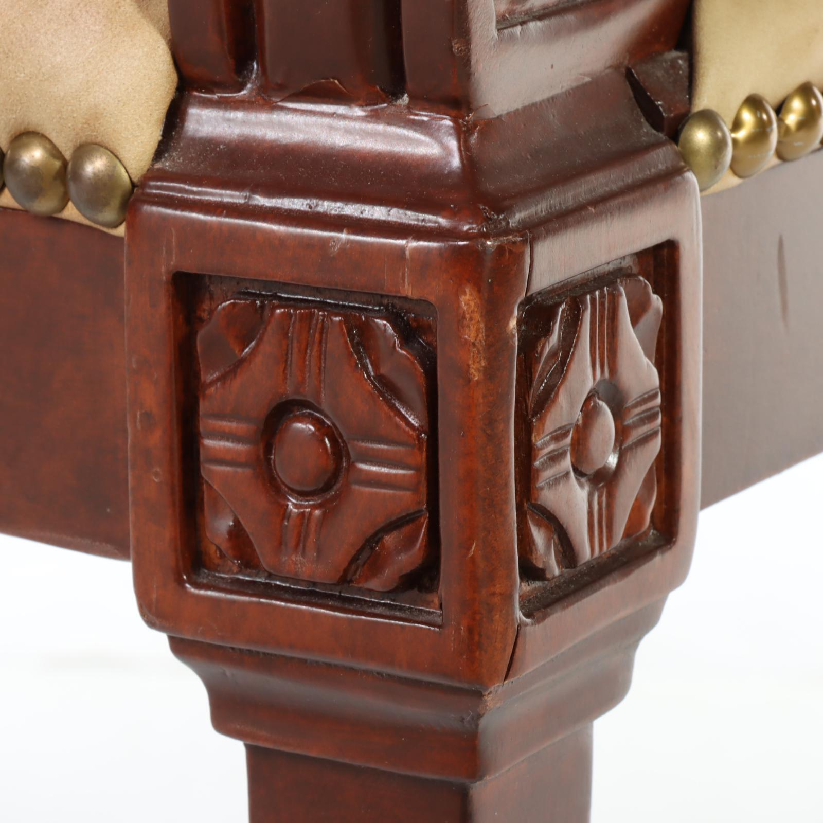 Contemporary Italian Walnut-Stained and Brass-Tacked Leather Rolling Armchair