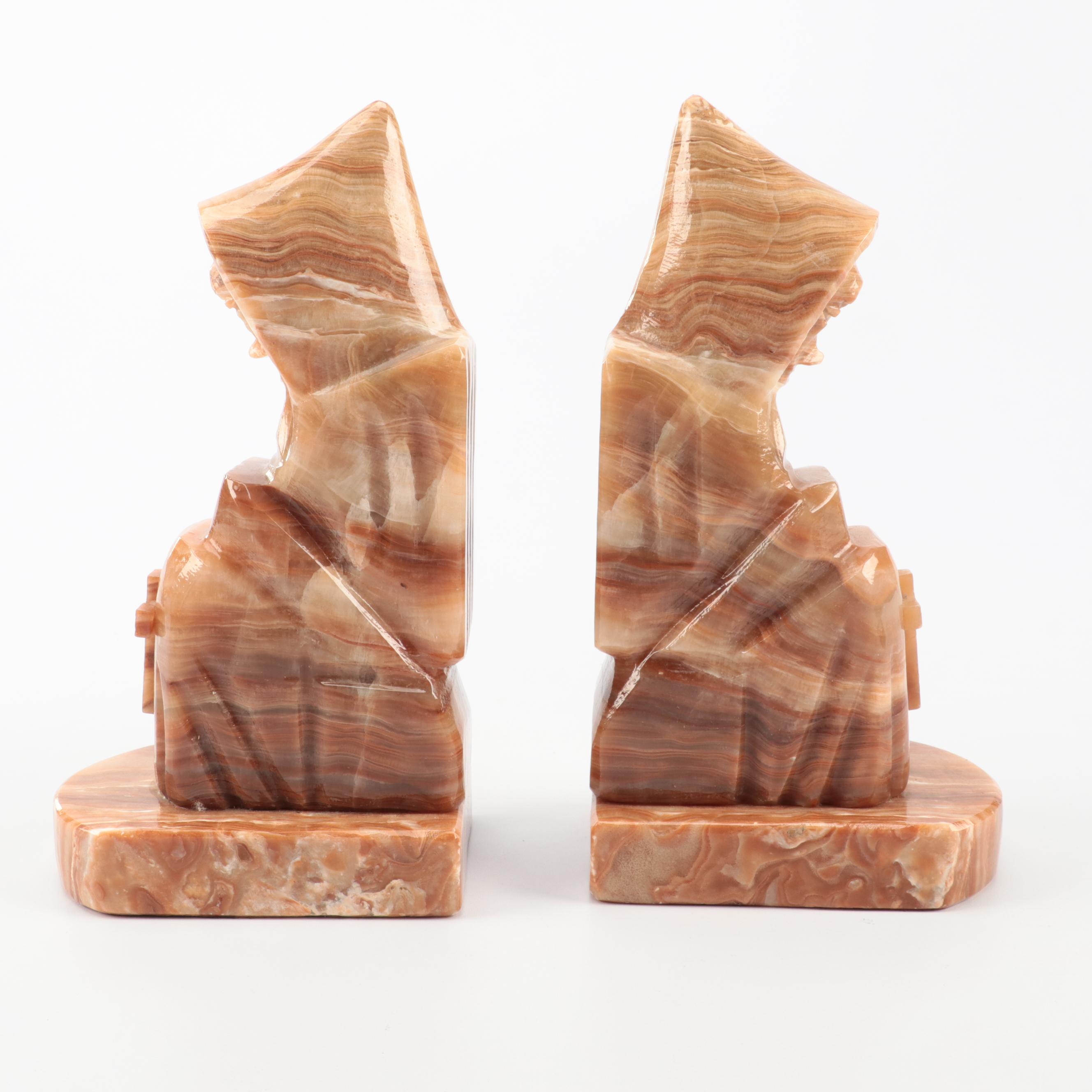 Carved Polished Banded Calcite Monk Bookends