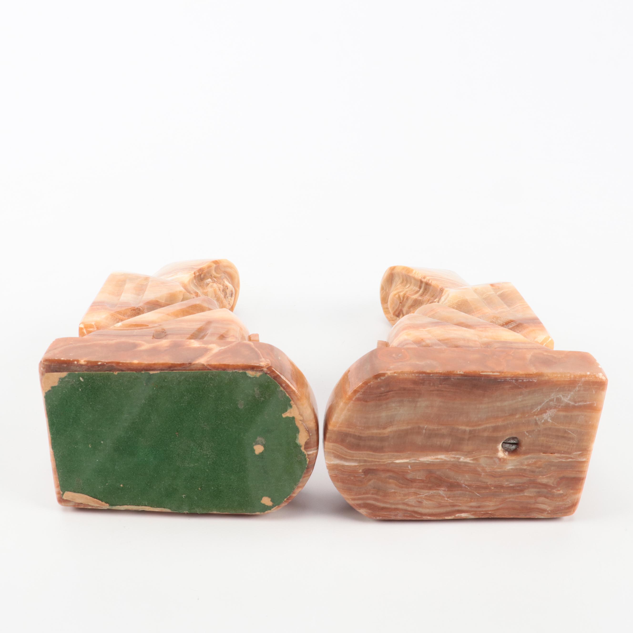 Carved Polished Banded Calcite Monk Bookends