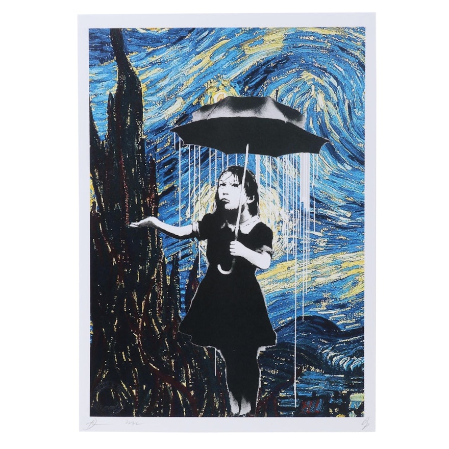 Death NYC Pop Art Graphic Print Banksy Girl with Umbrella and The Starry Night