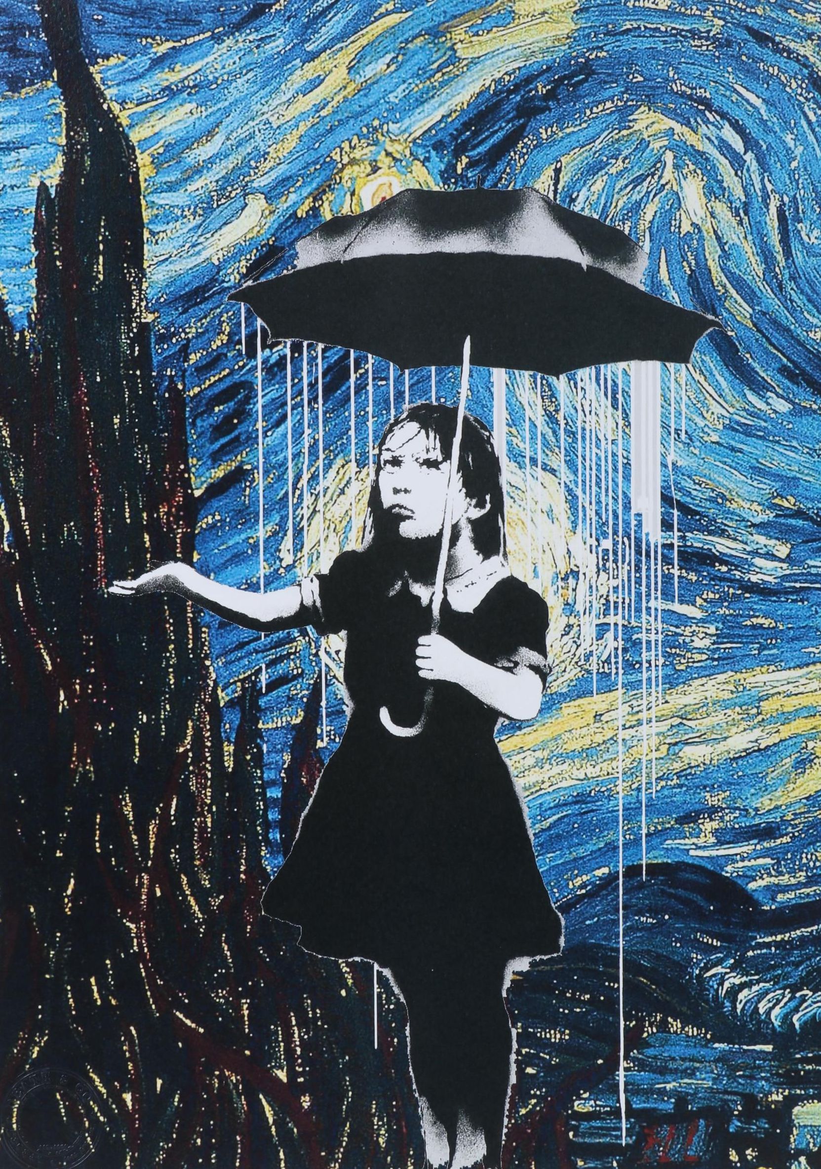 Death NYC Pop Art Graphic Print Banksy Girl with Umbrella and The Starry Night