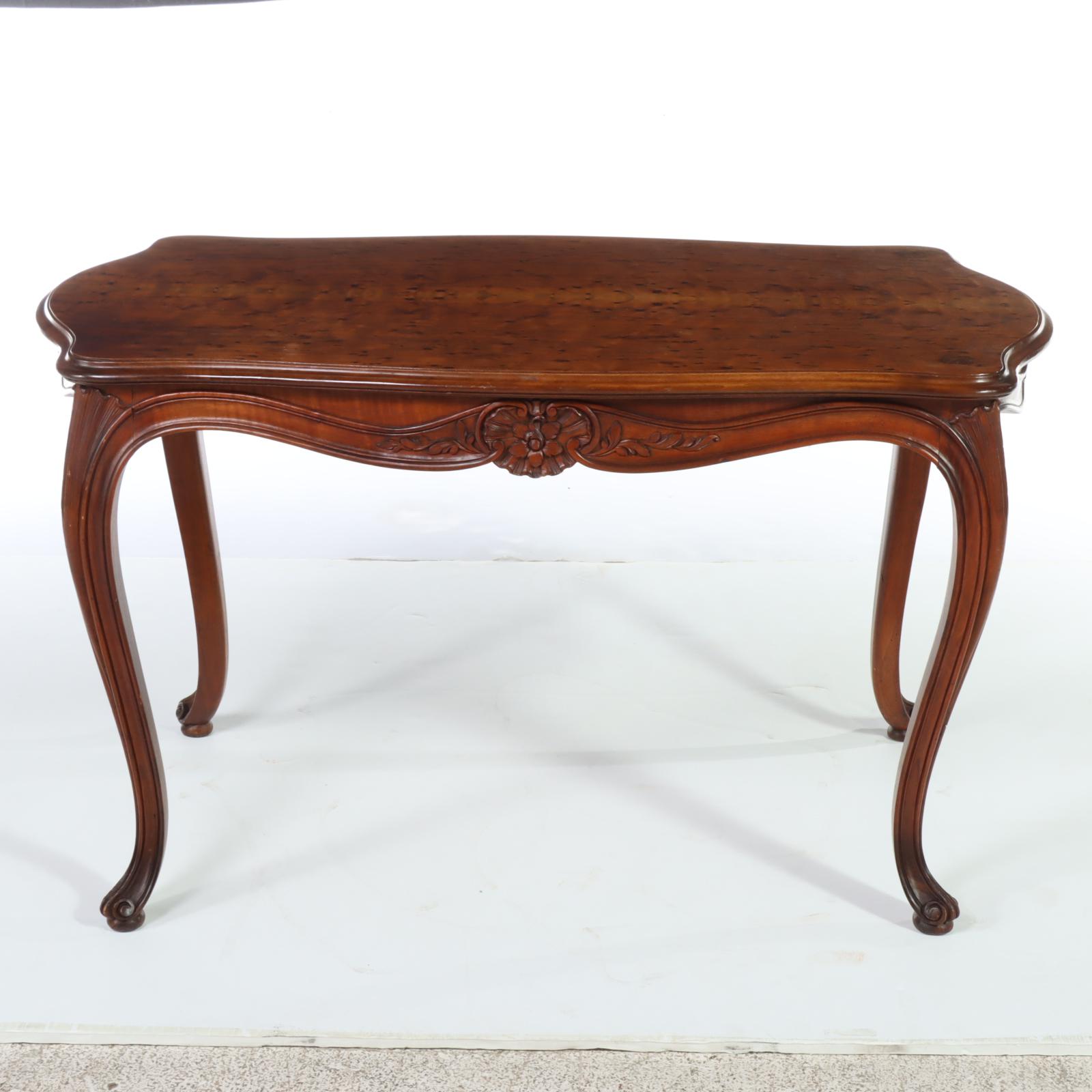 Louis XV Style Carved Walnut and Burl Walnut Top Coffee Table