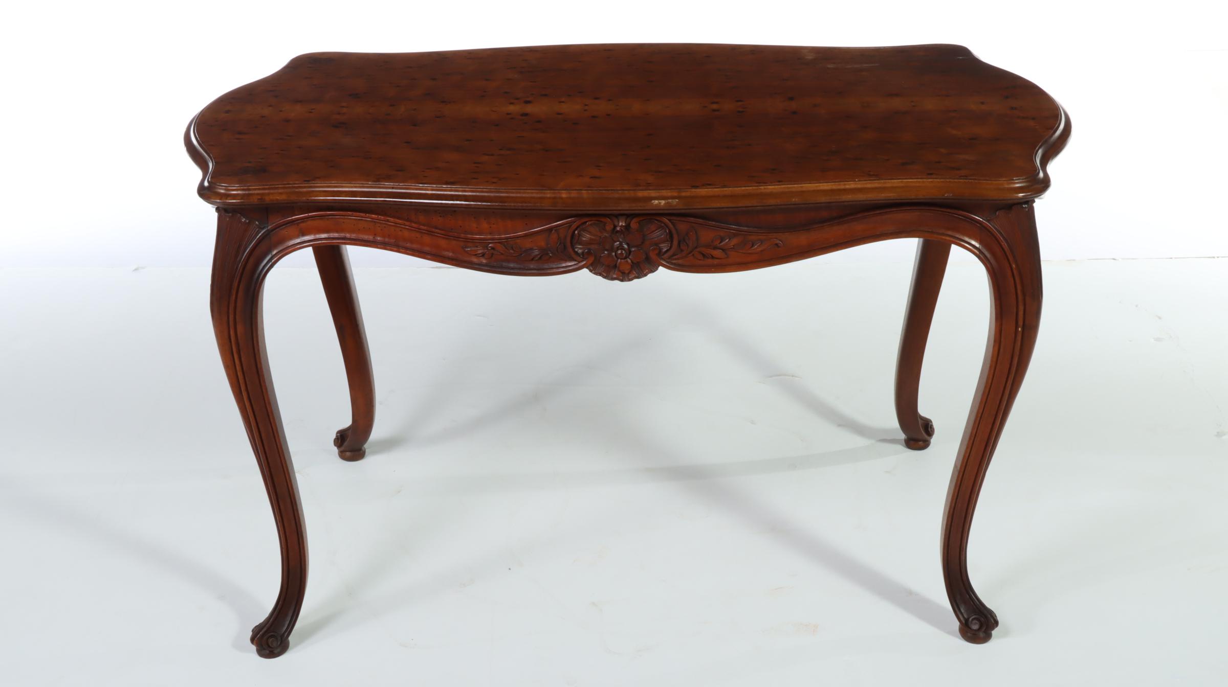 Louis XV Style Carved Walnut and Burl Walnut Top Coffee Table