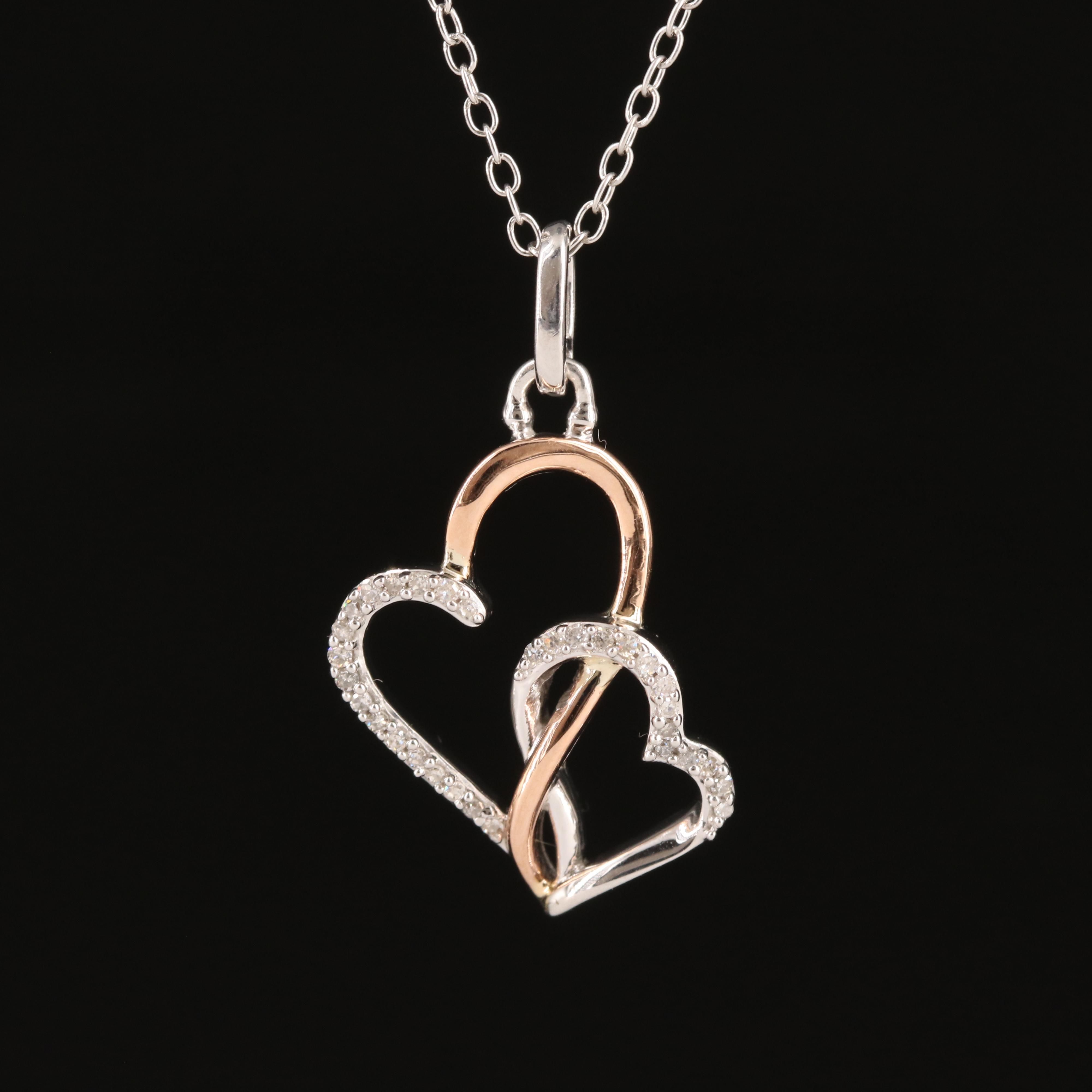 Sterling Diamond Double Heart Pendant Necklace with 14K Rolled Gold Accent