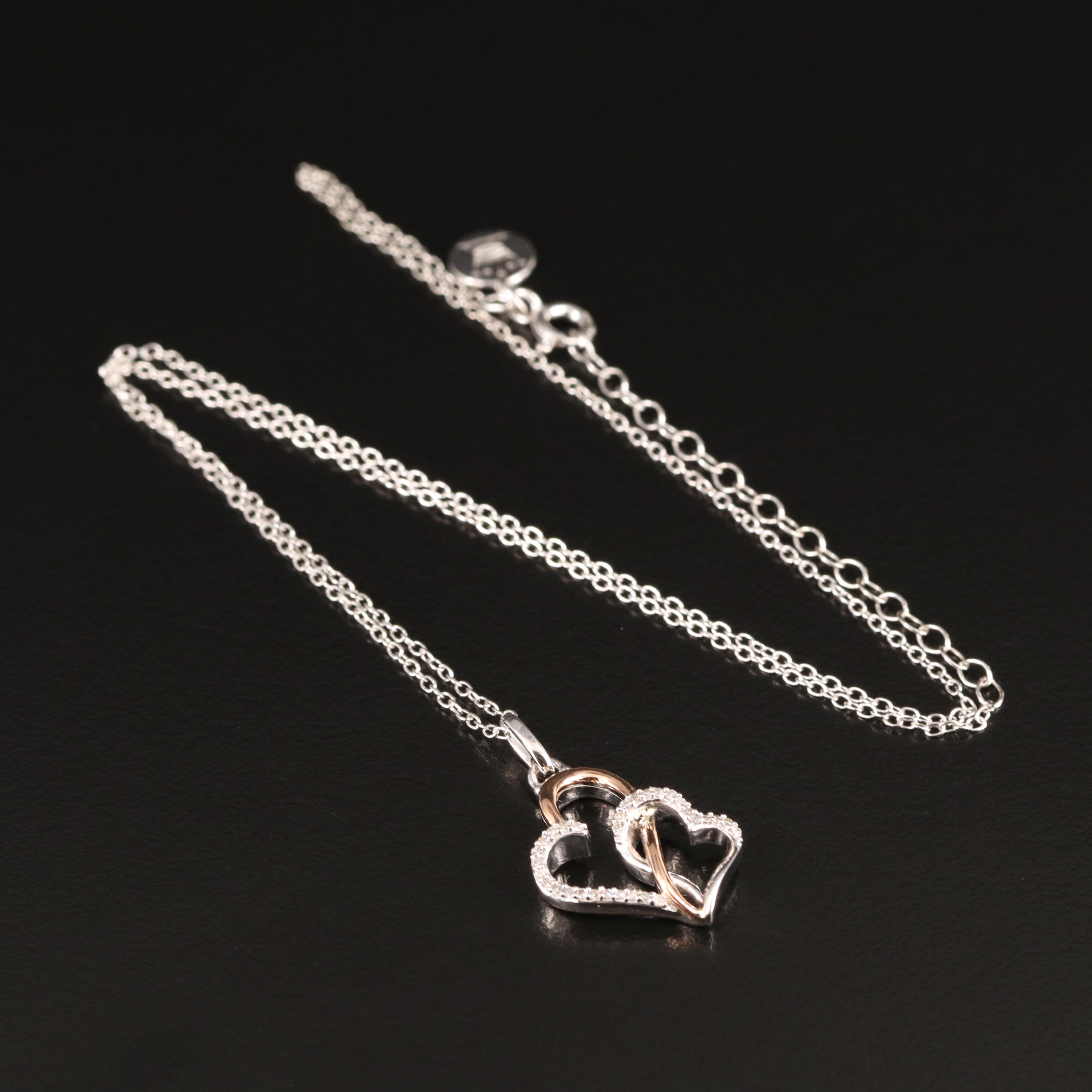 Sterling Diamond Double Heart Pendant Necklace with 14K Rolled Gold Accent