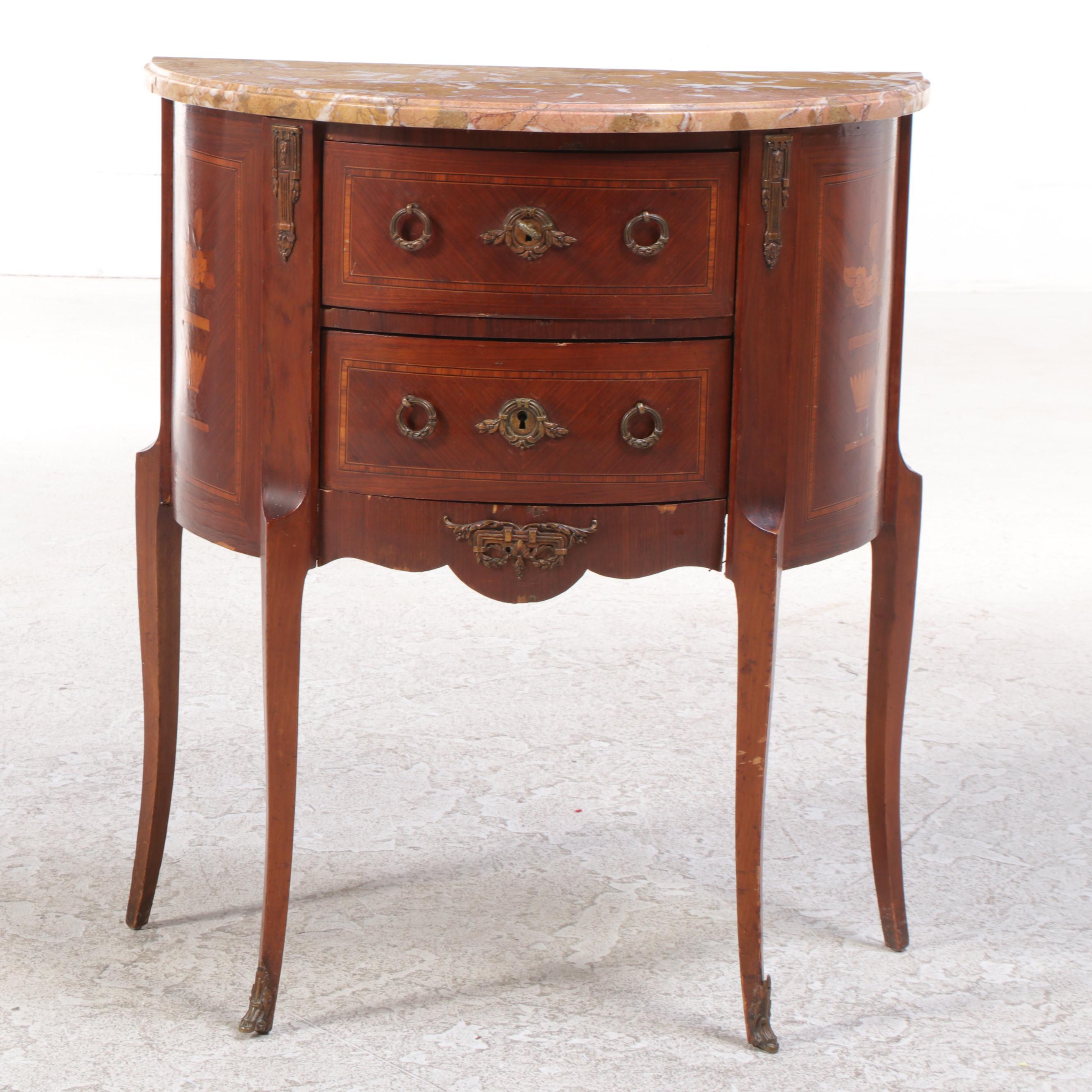 Colby's Louis XV Style Marquetry and Marble Top Demilune Commode
