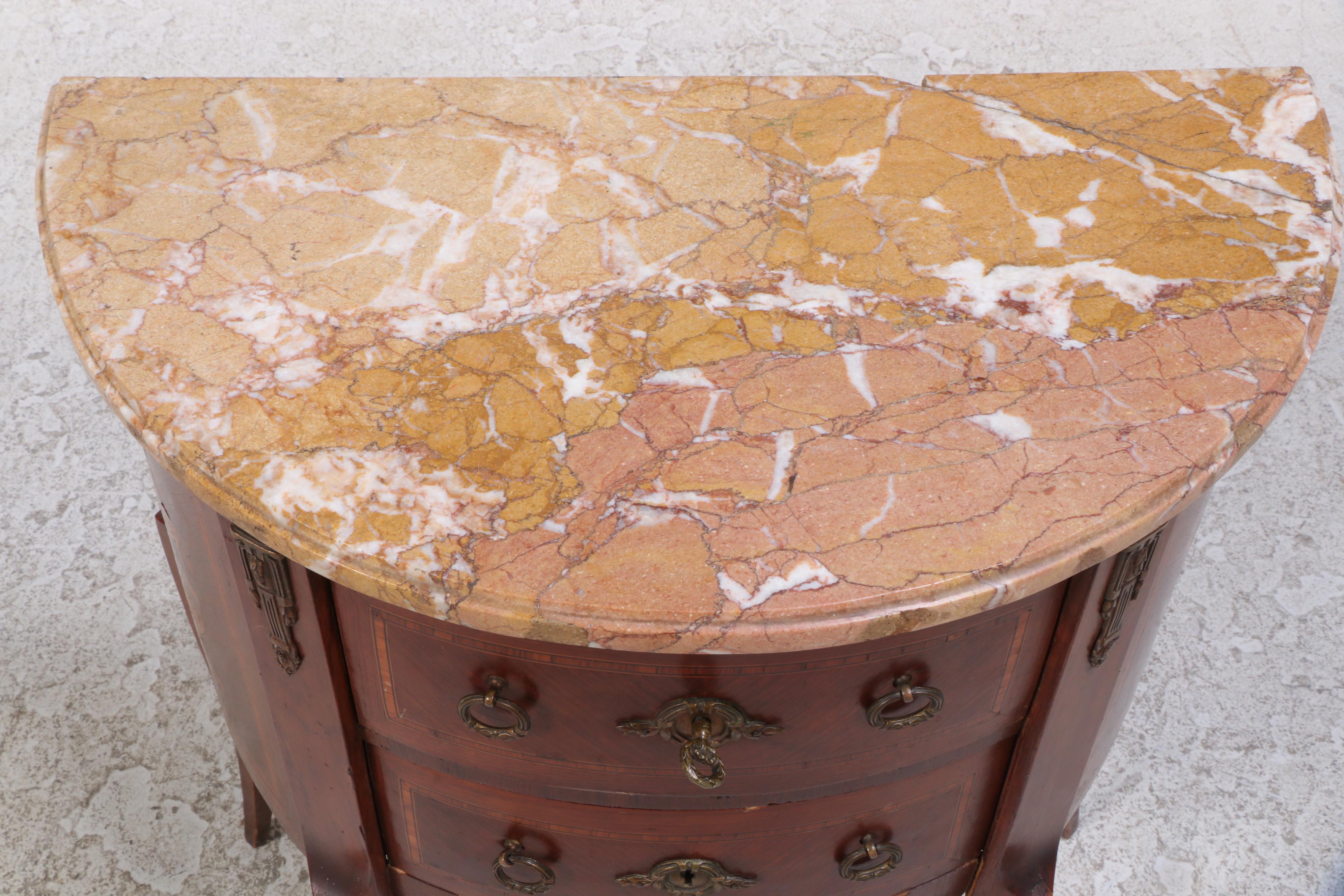 Colby's Louis XV Style Marquetry and Marble Top Demilune Commode