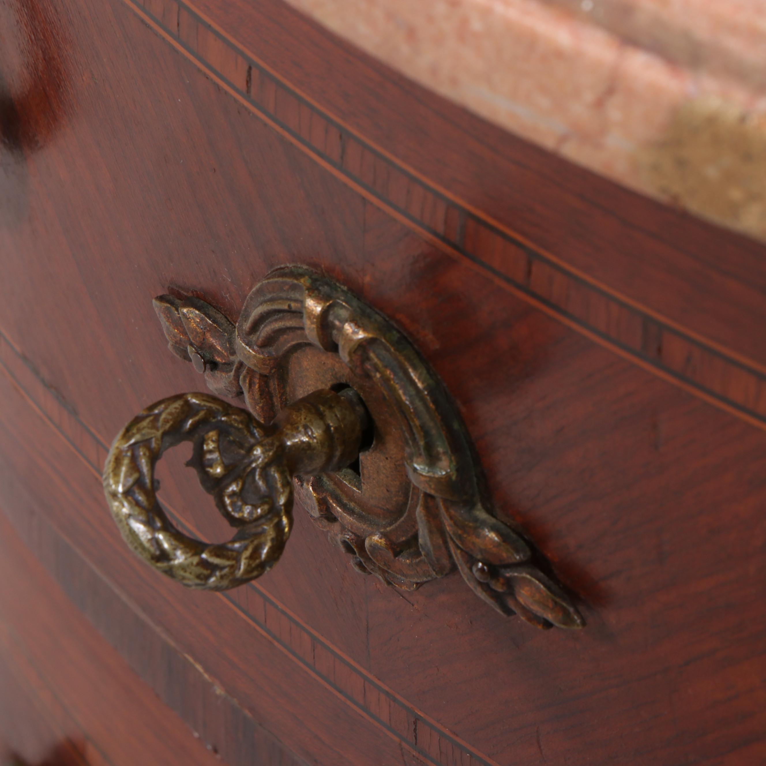 Colby's Louis XV Style Marquetry and Marble Top Demilune Commode