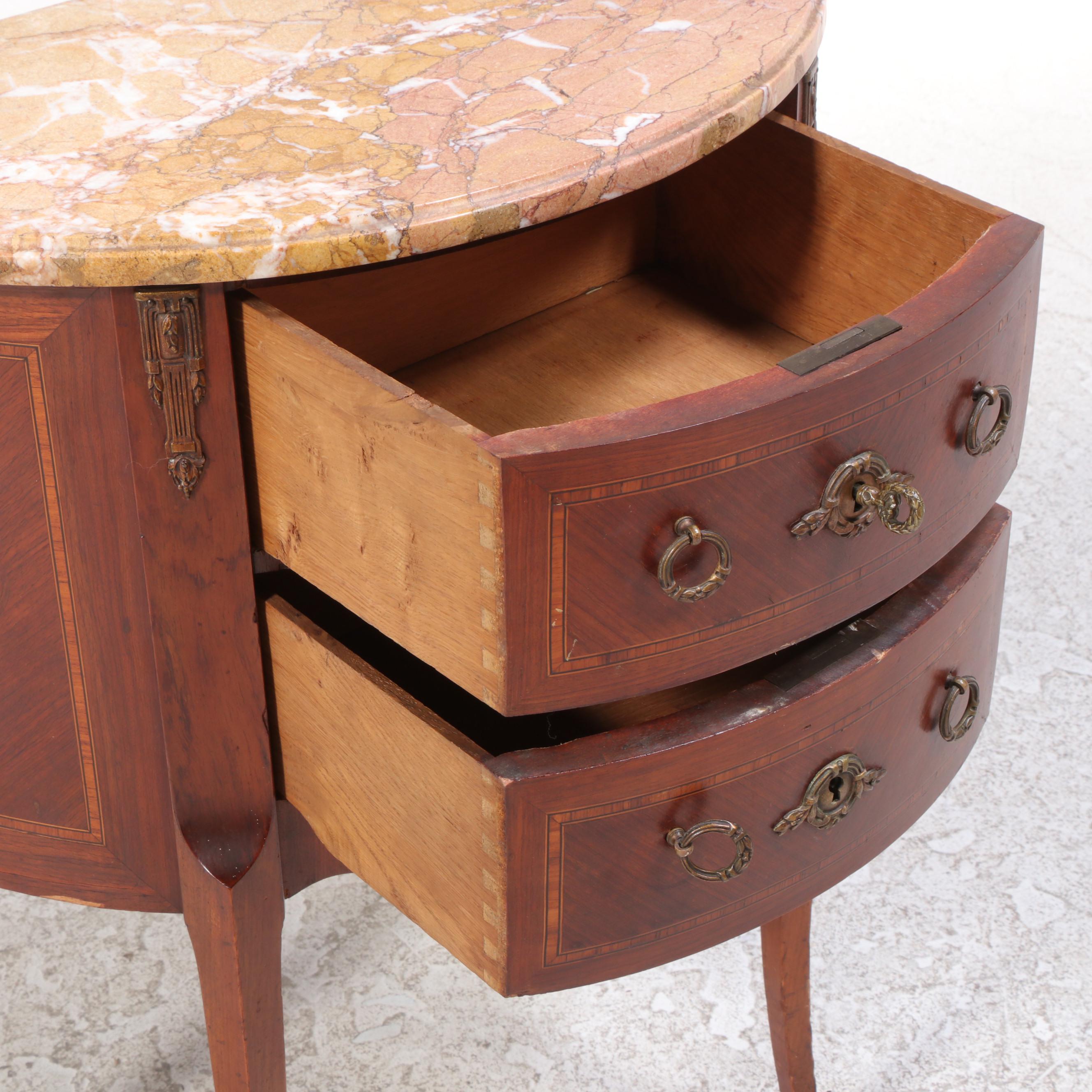 Colby's Louis XV Style Marquetry and Marble Top Demilune Commode
