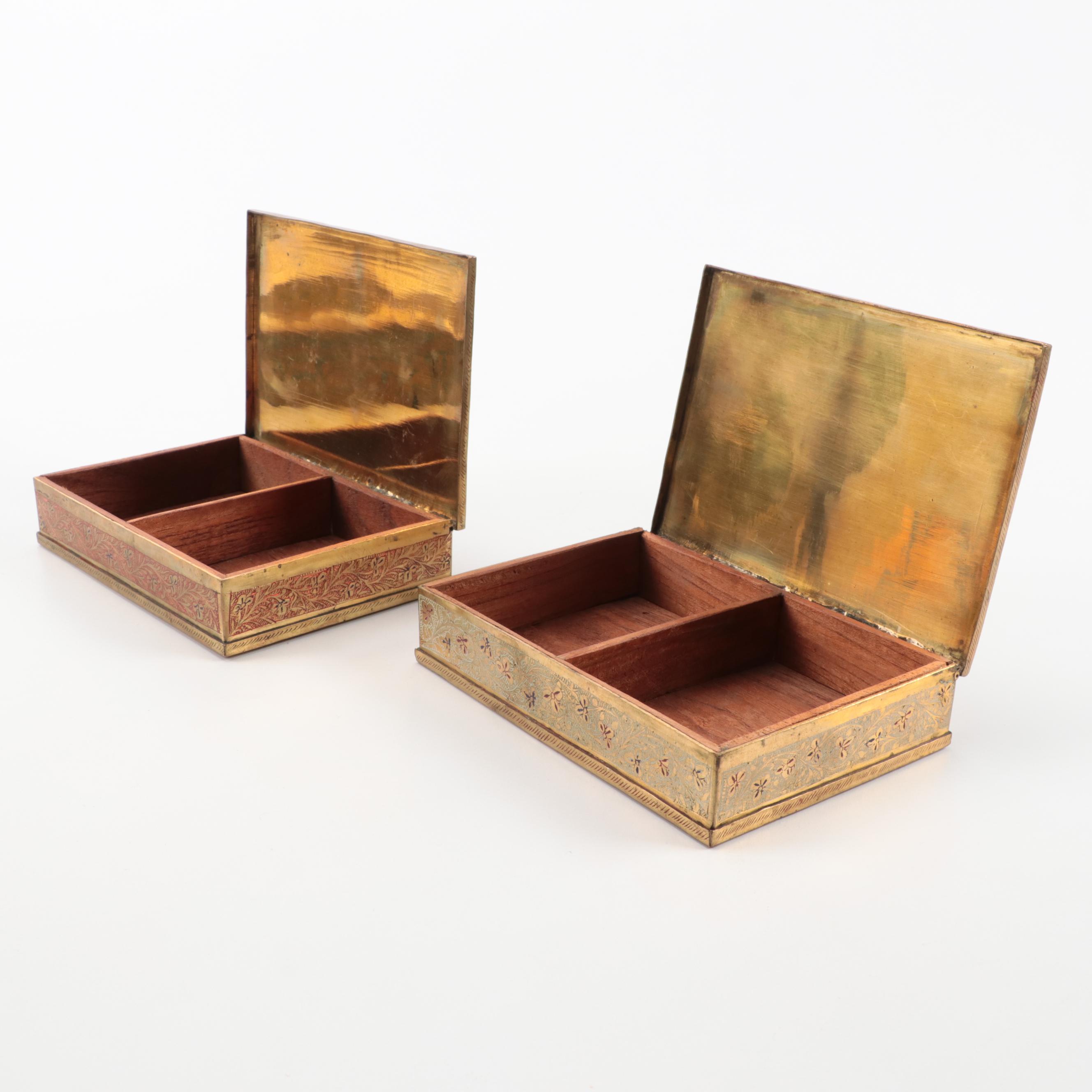 Indo-Persian Brass Etched and Enameled Boxes
