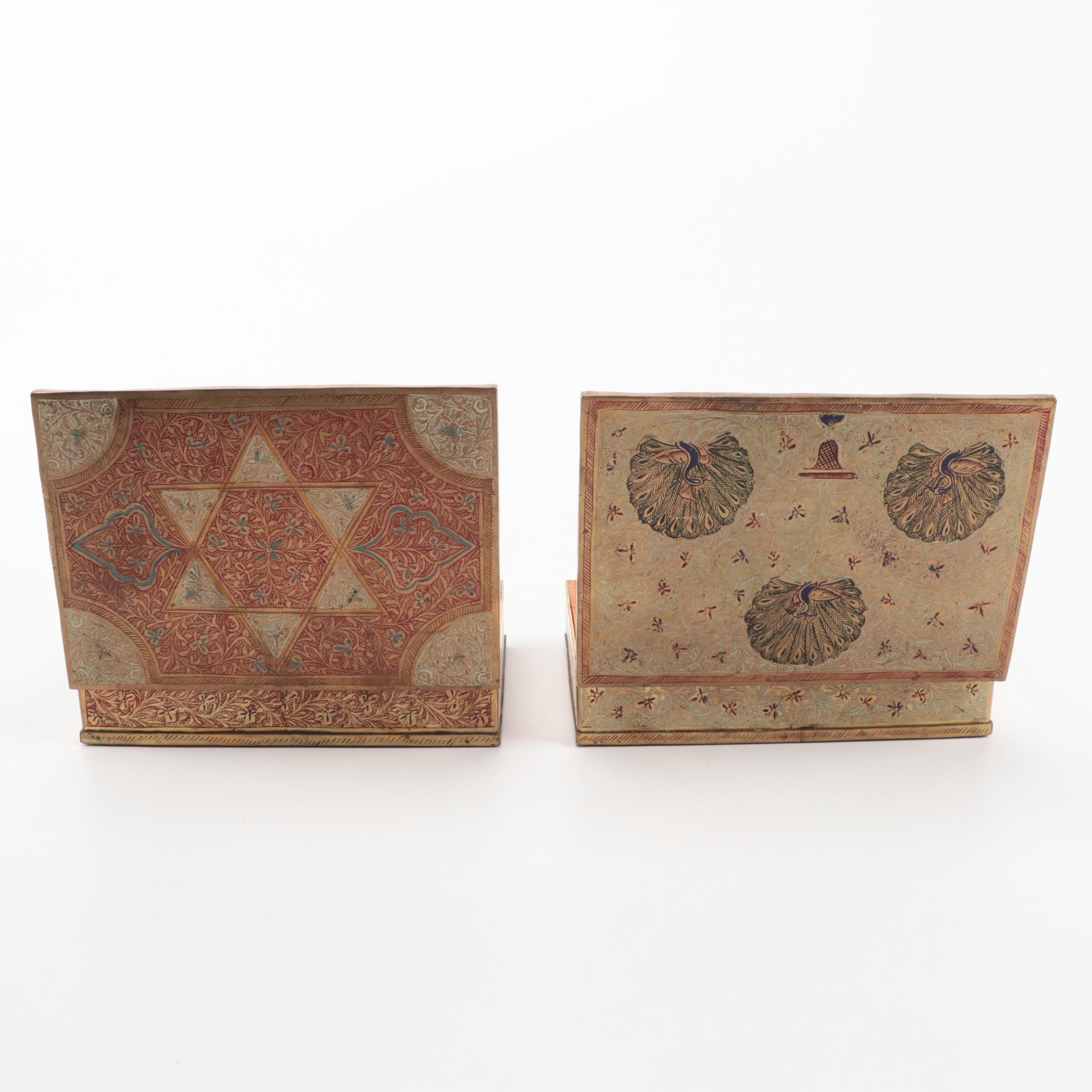 Indo-Persian Brass Etched and Enameled Boxes