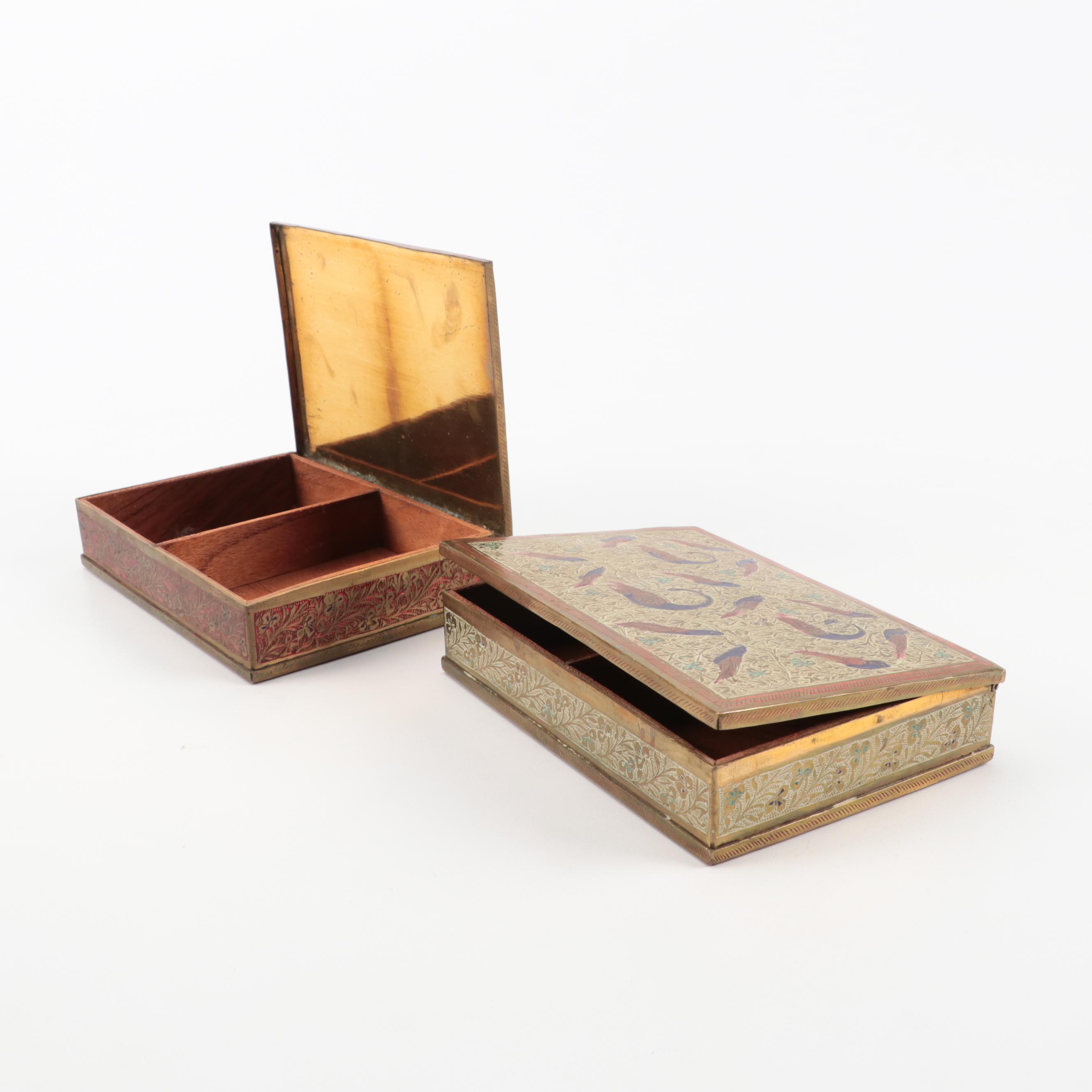 Indo-Persian Brass Etched and Enameled Boxes