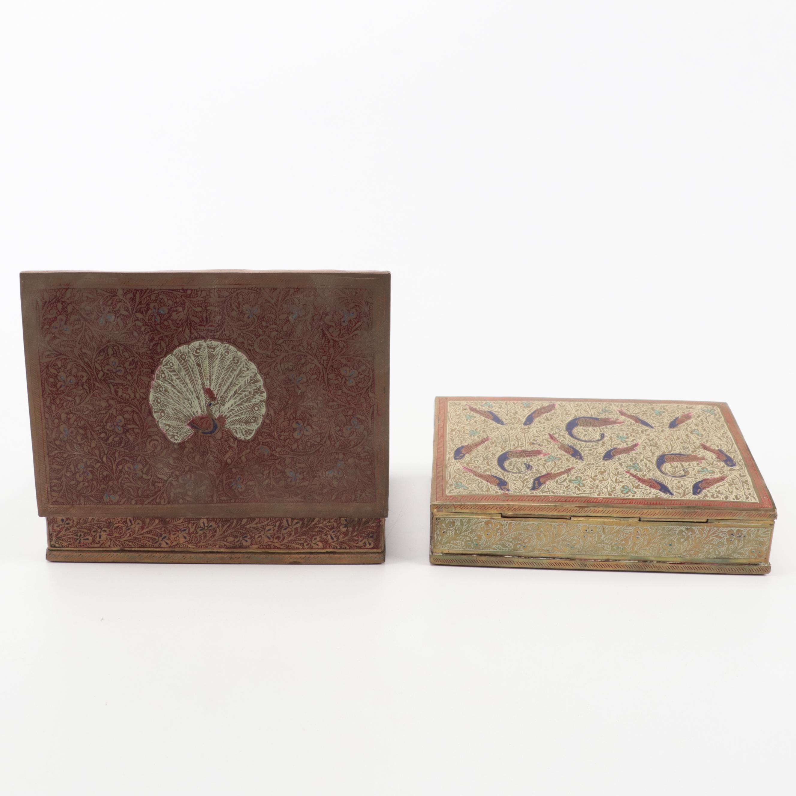 Indo-Persian Brass Etched and Enameled Boxes
