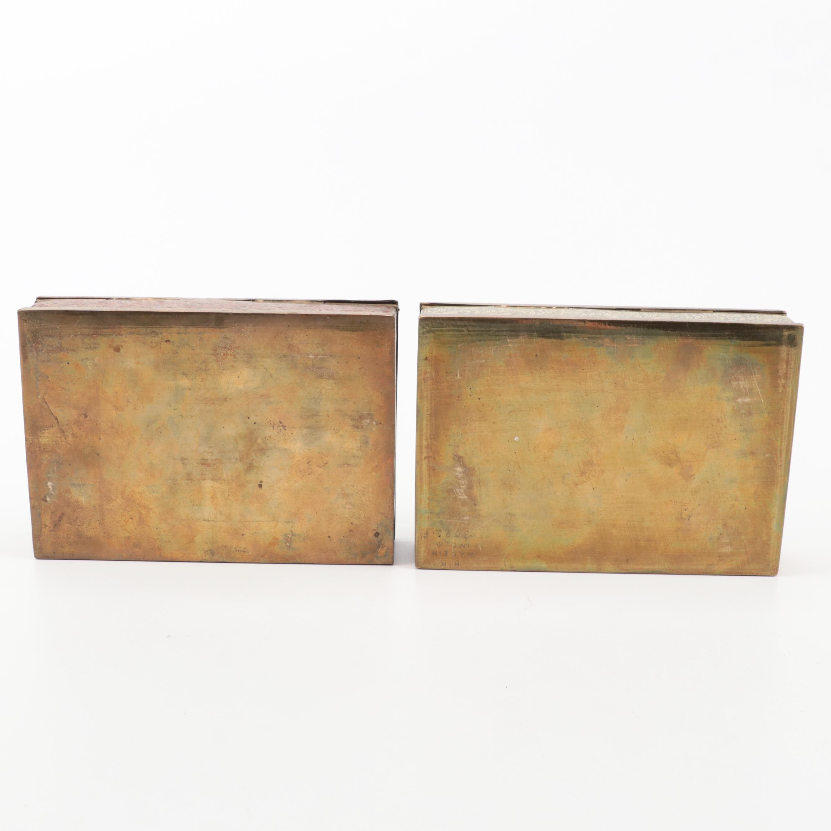 Indo-Persian Brass Etched and Enameled Boxes