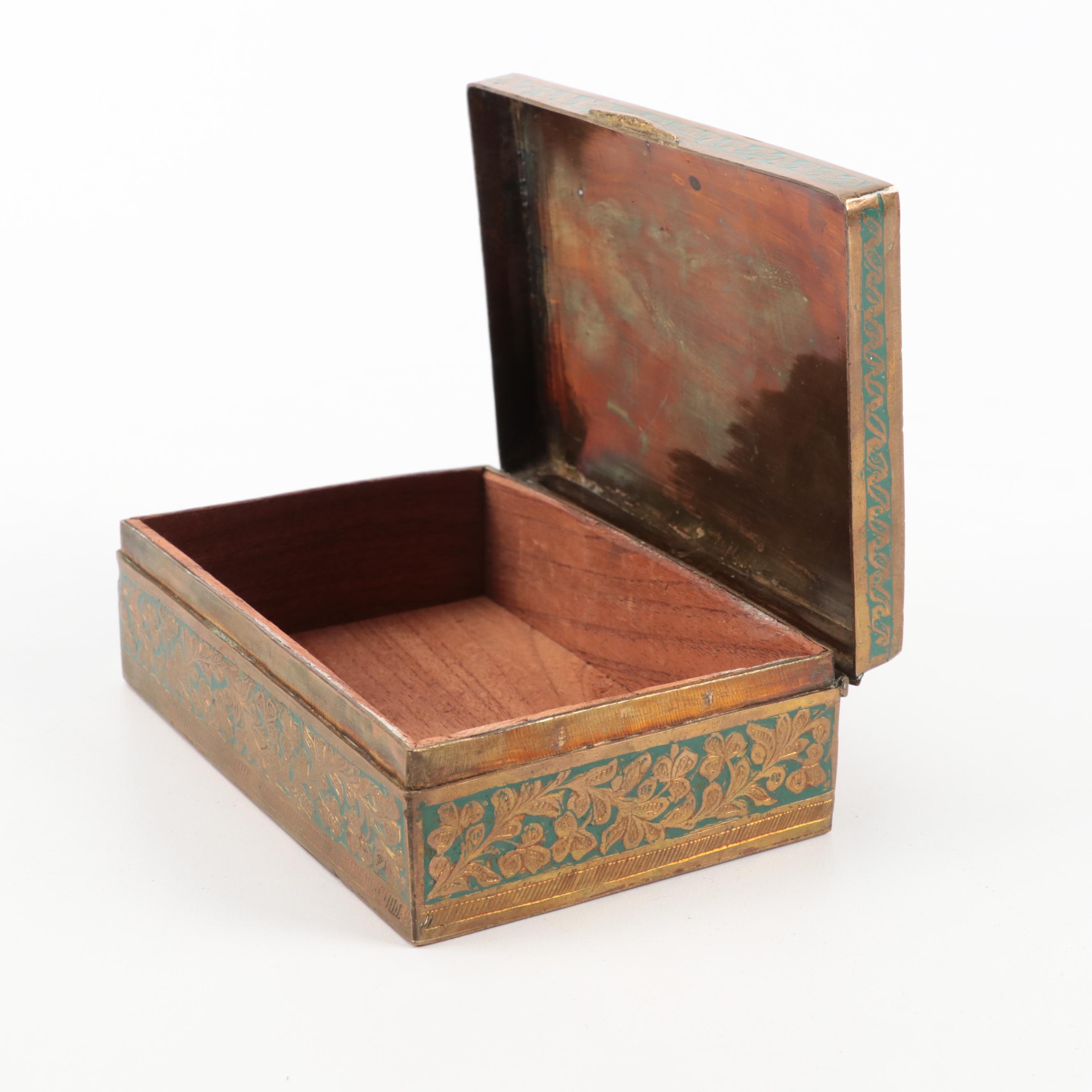 Indo-Persian Brass Etched and Enameled Boxes