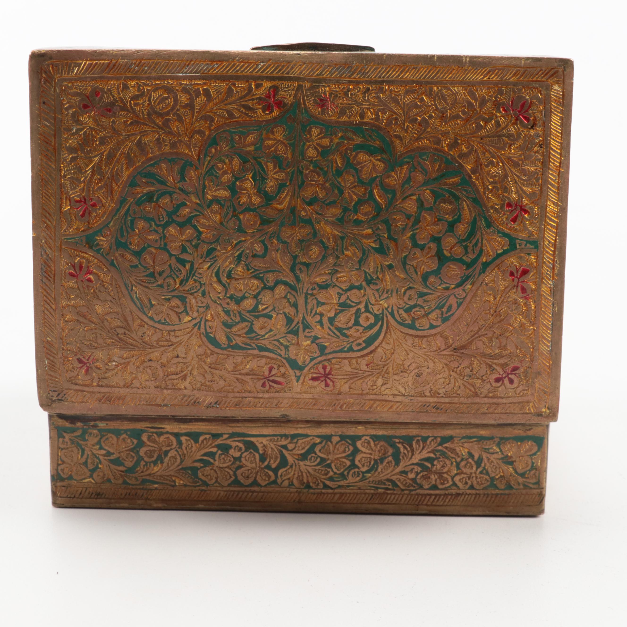 Indo-Persian Brass Etched and Enameled Boxes
