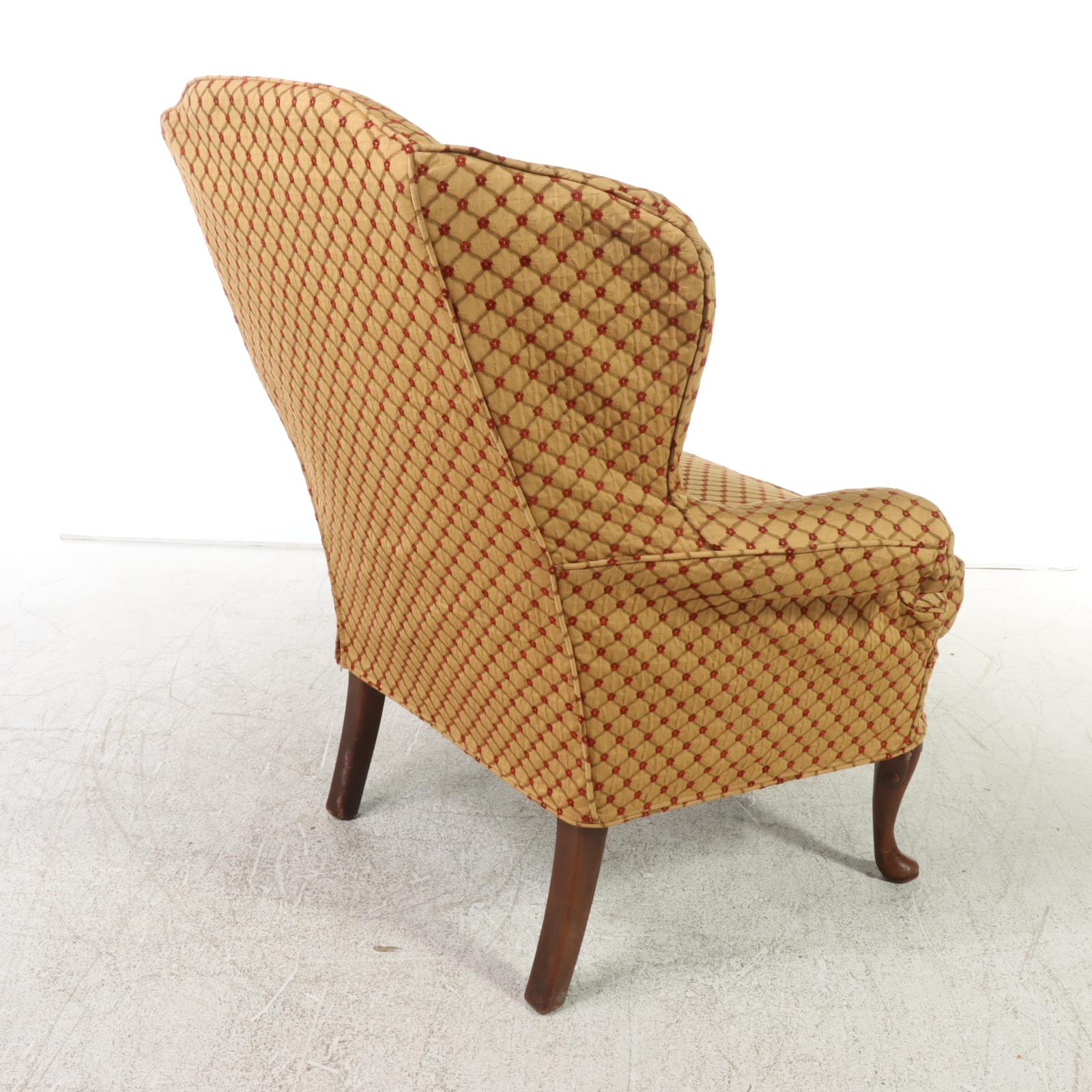 Queen Anne Style Mahogany and Custom-Slipcovered Wingback Armchair, 20th Century