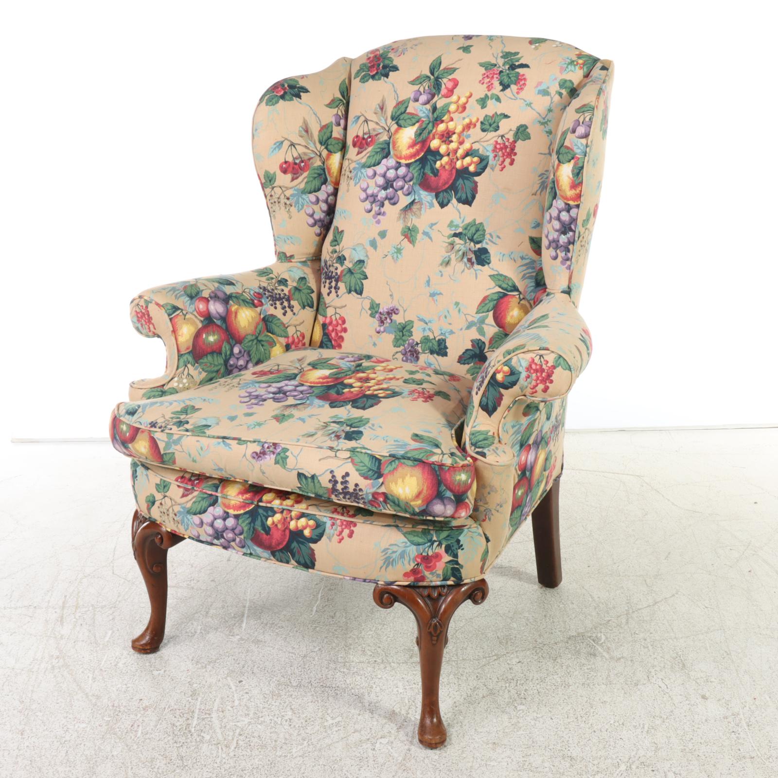 Queen Anne Style Mahogany and Custom-Slipcovered Wingback Armchair, 20th Century