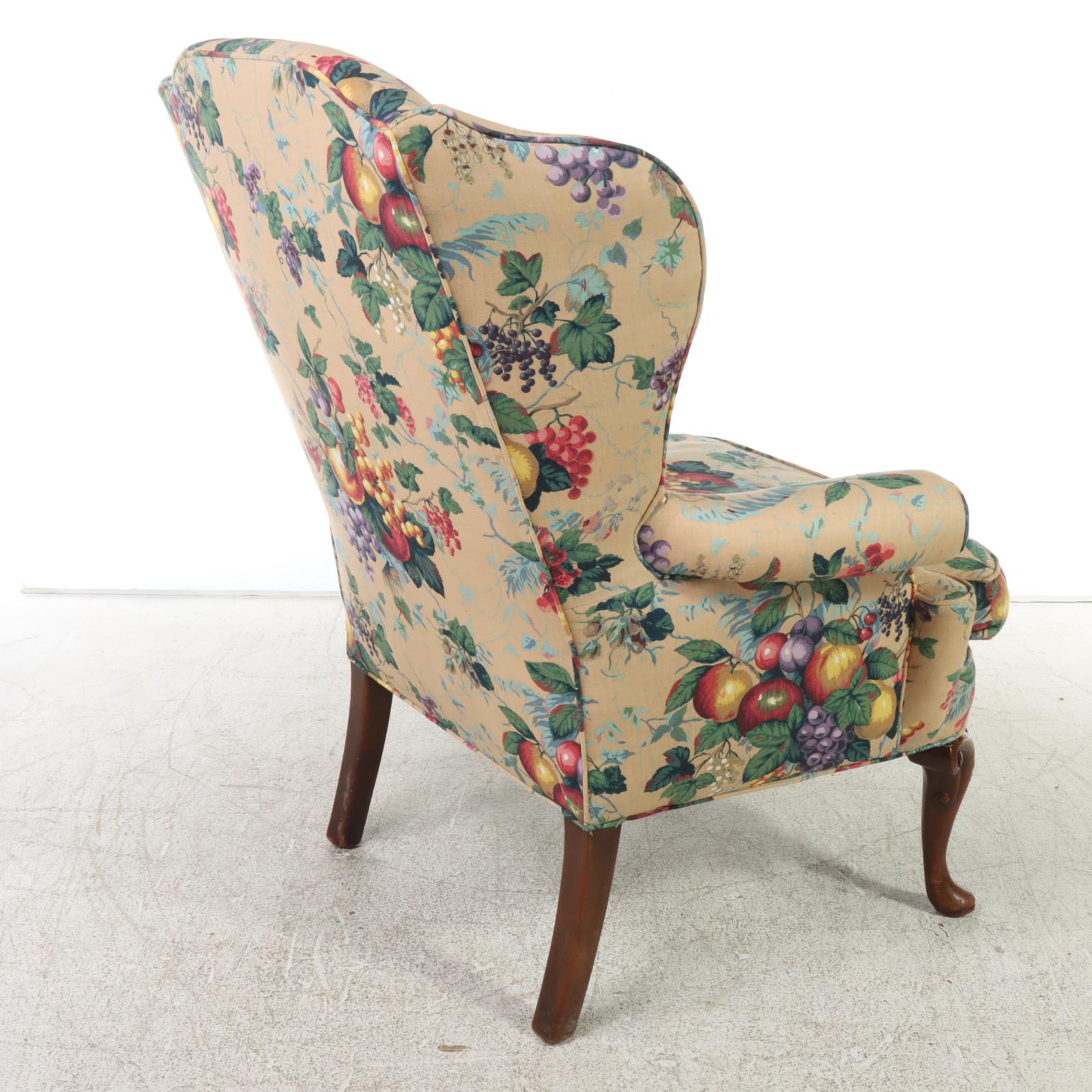 Queen Anne Style Mahogany and Custom-Slipcovered Wingback Armchair, 20th Century