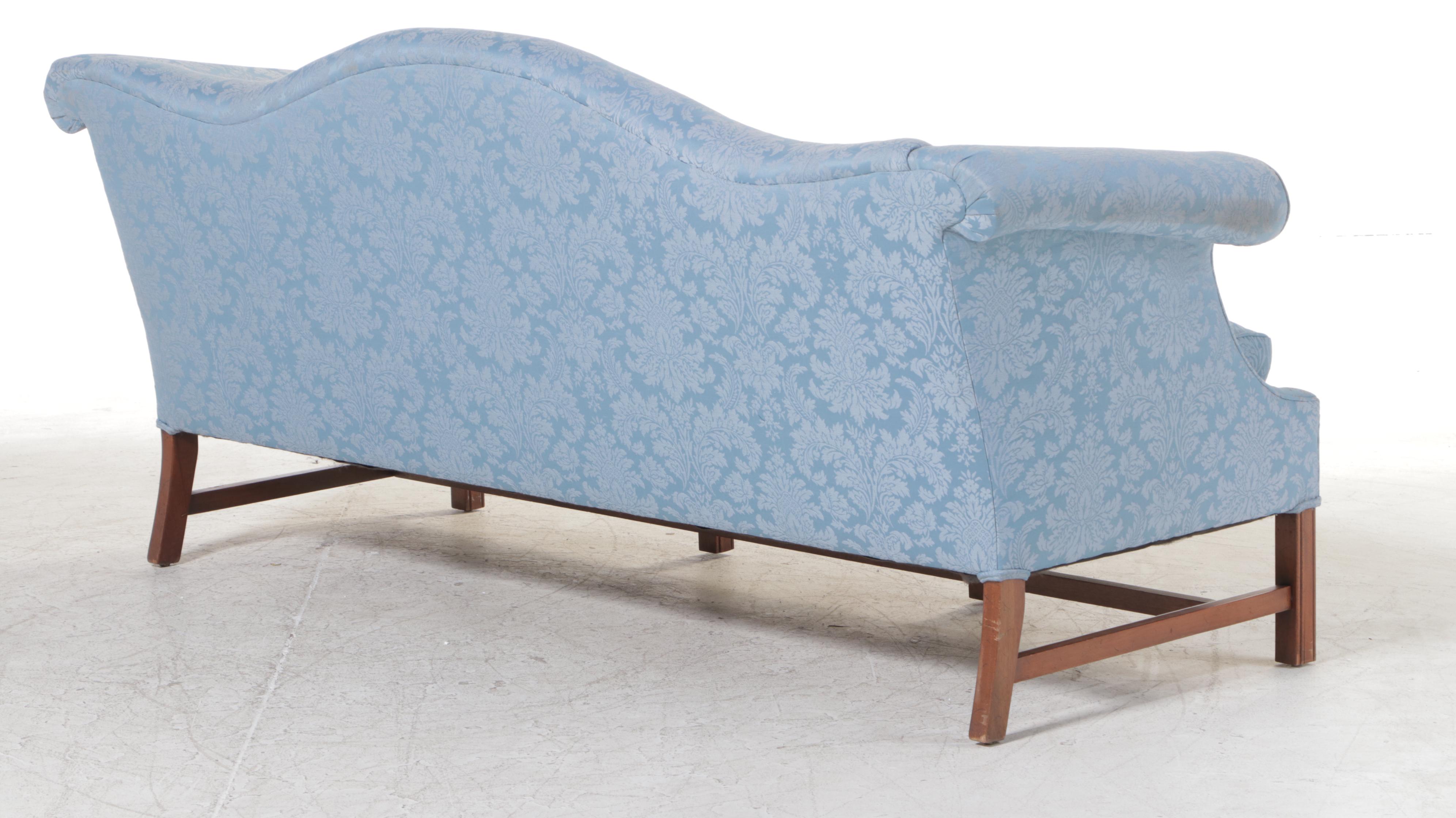 Chippendale Style Mahogany and Custom-Upholstered Camel-Back Sofa, 20th Century