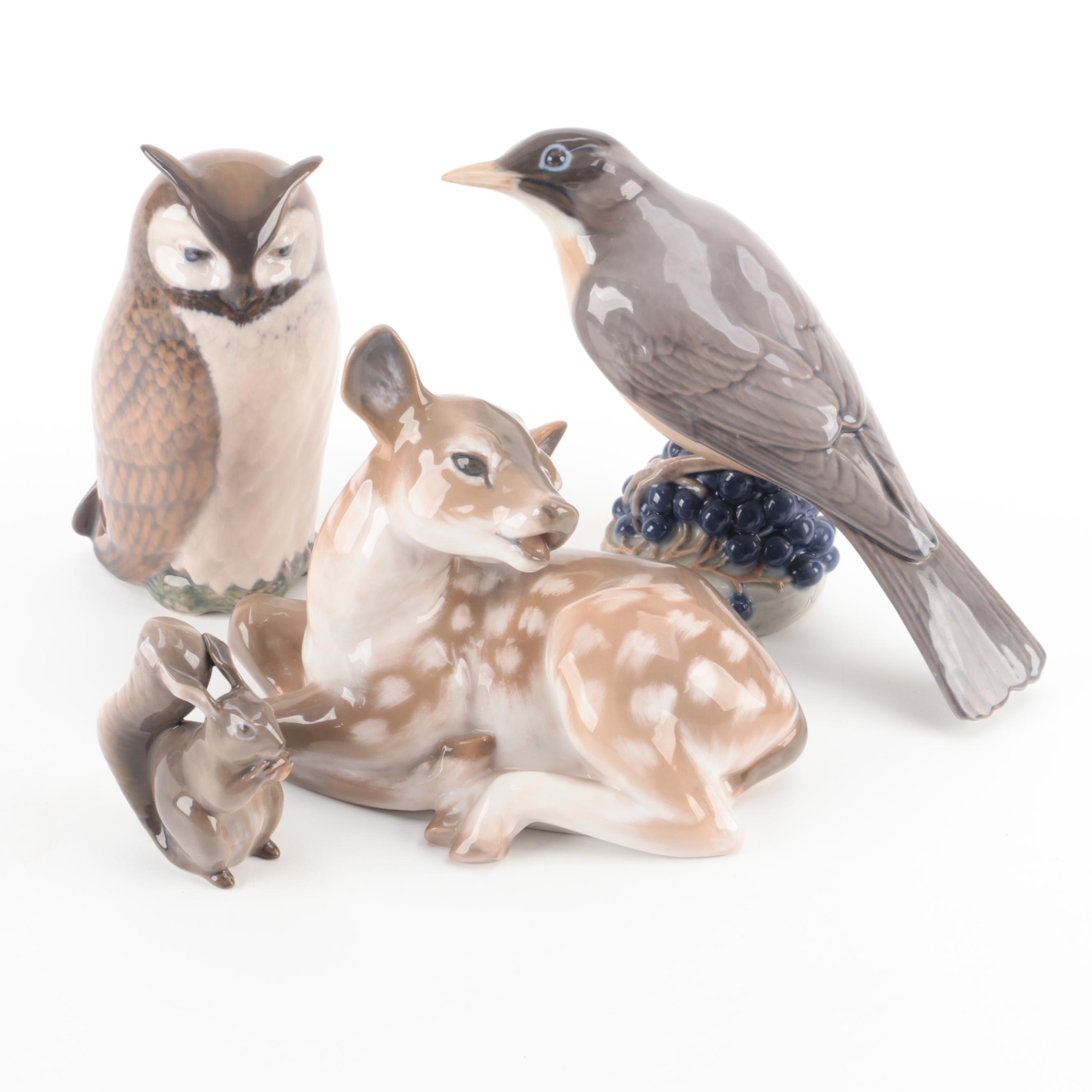 Royal Copenhagen "Fawn" Porcelain Figurine with Other Porcelain Animal Figurines
