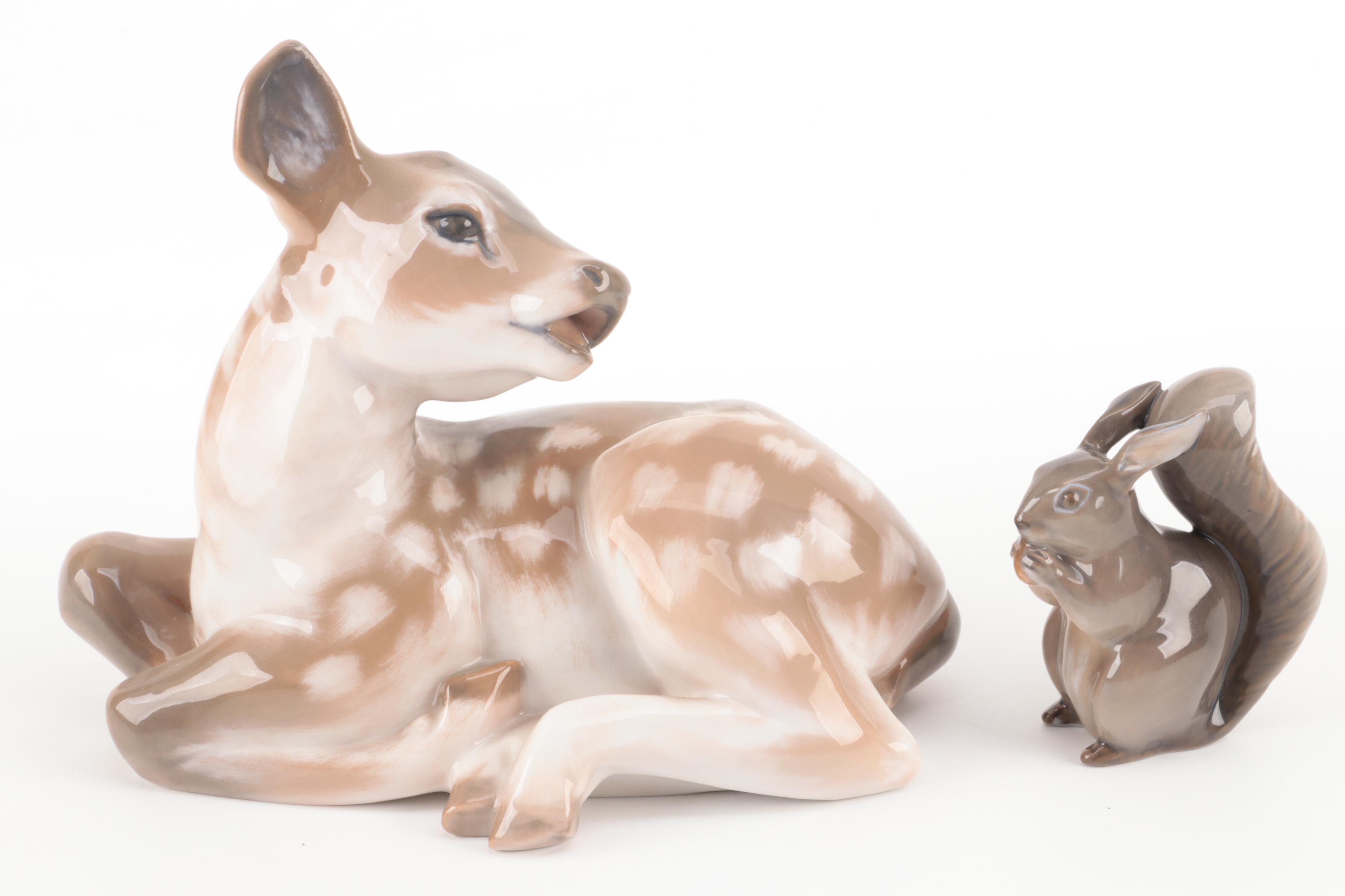 Royal Copenhagen "Fawn" Porcelain Figurine with Other Porcelain Animal Figurines