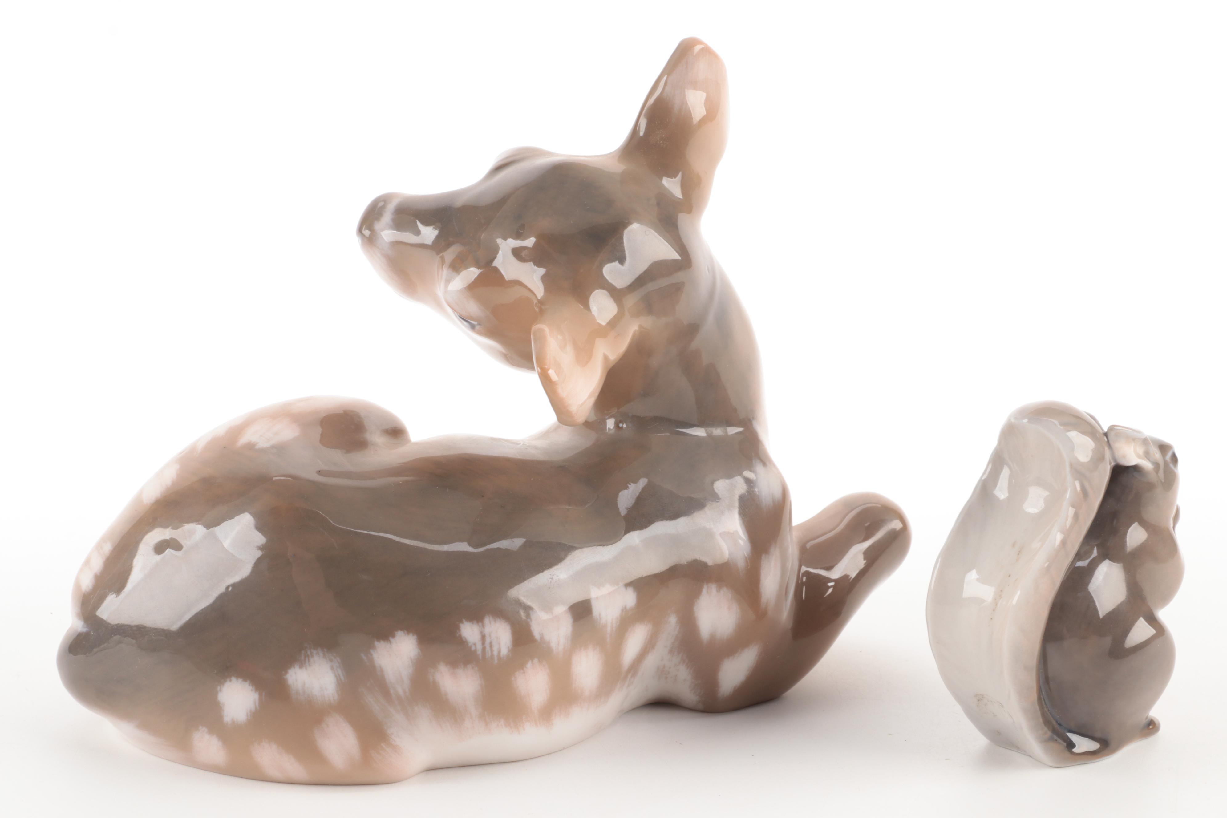 Royal Copenhagen "Fawn" Porcelain Figurine with Other Porcelain Animal Figurines