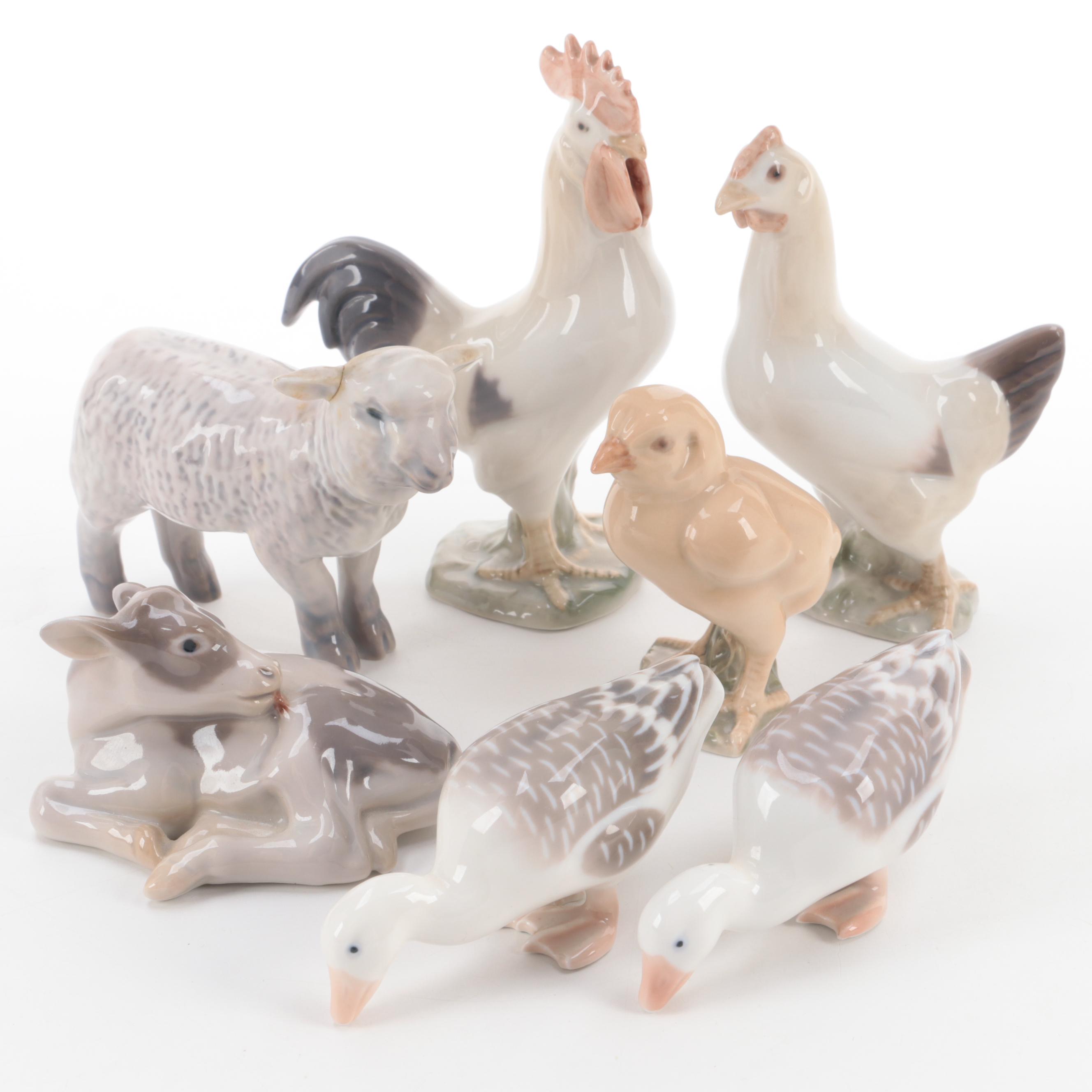 Bing & Grøndahl Porcelain Fowl, Calf, and Lamb Figurines, Mid to Late  20th C.