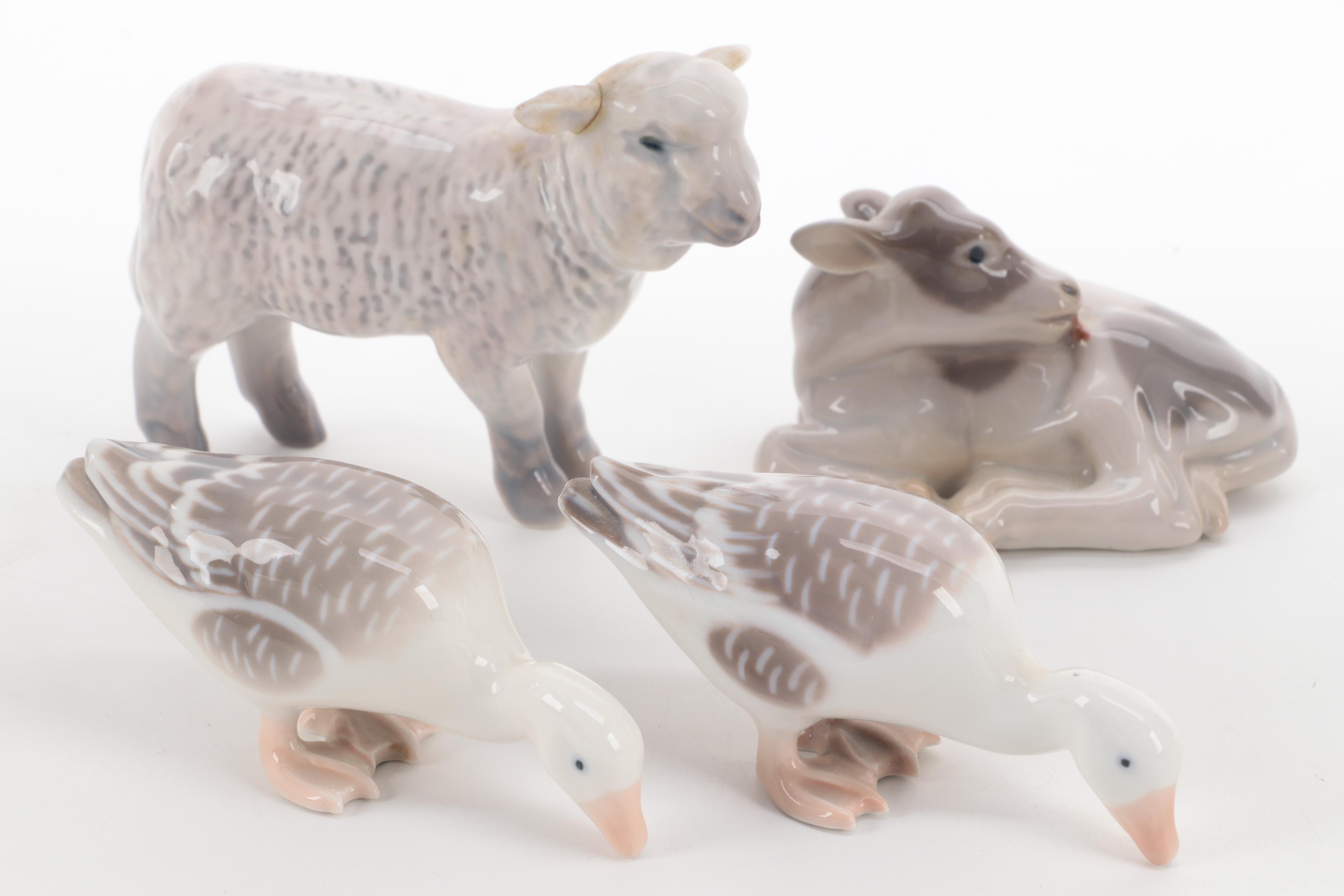 Bing & Grøndahl Porcelain Fowl, Calf, and Lamb Figurines, Mid to Late  20th C.